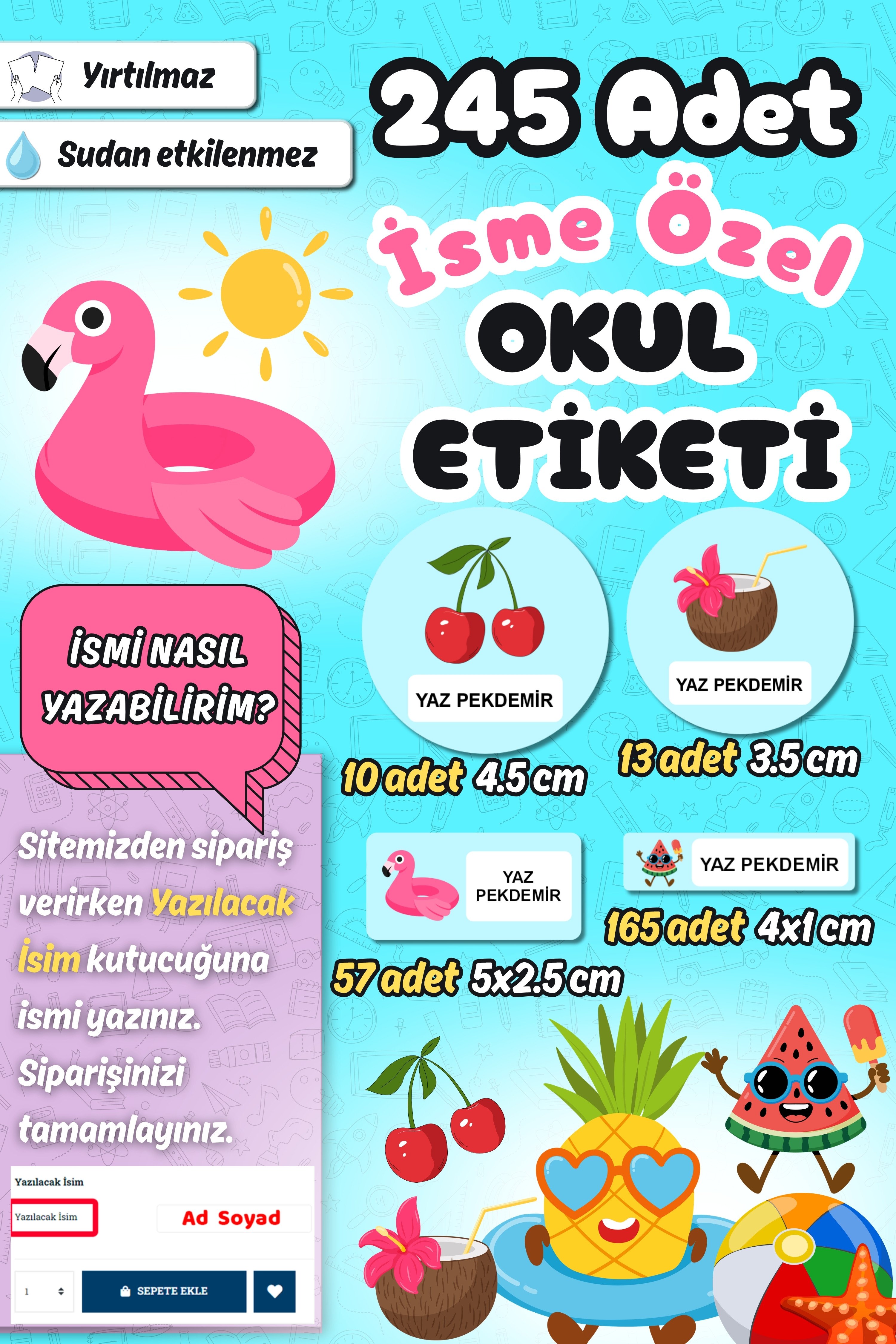 Okul Etiketi Yaz Temalı Kalem Defter Etiketi Özel İsim Yazılabilen Etiket 245 Adet İsim Etiketi