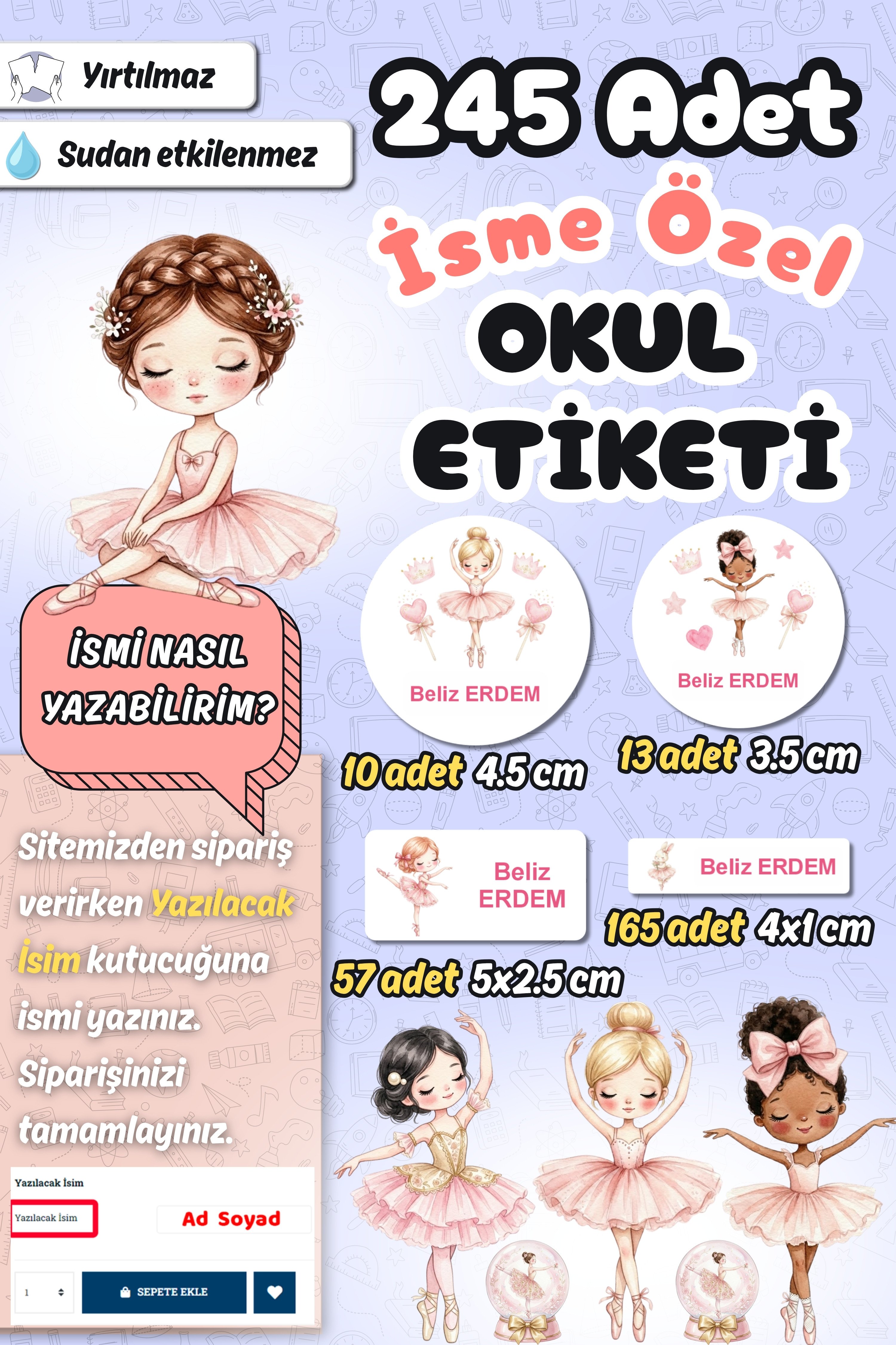 Okul Etiketi Balerinler Temalı Kalem Defter Etiketi Özel İsim Yazılabilen Etiket 245 Adet İsim Etiketi