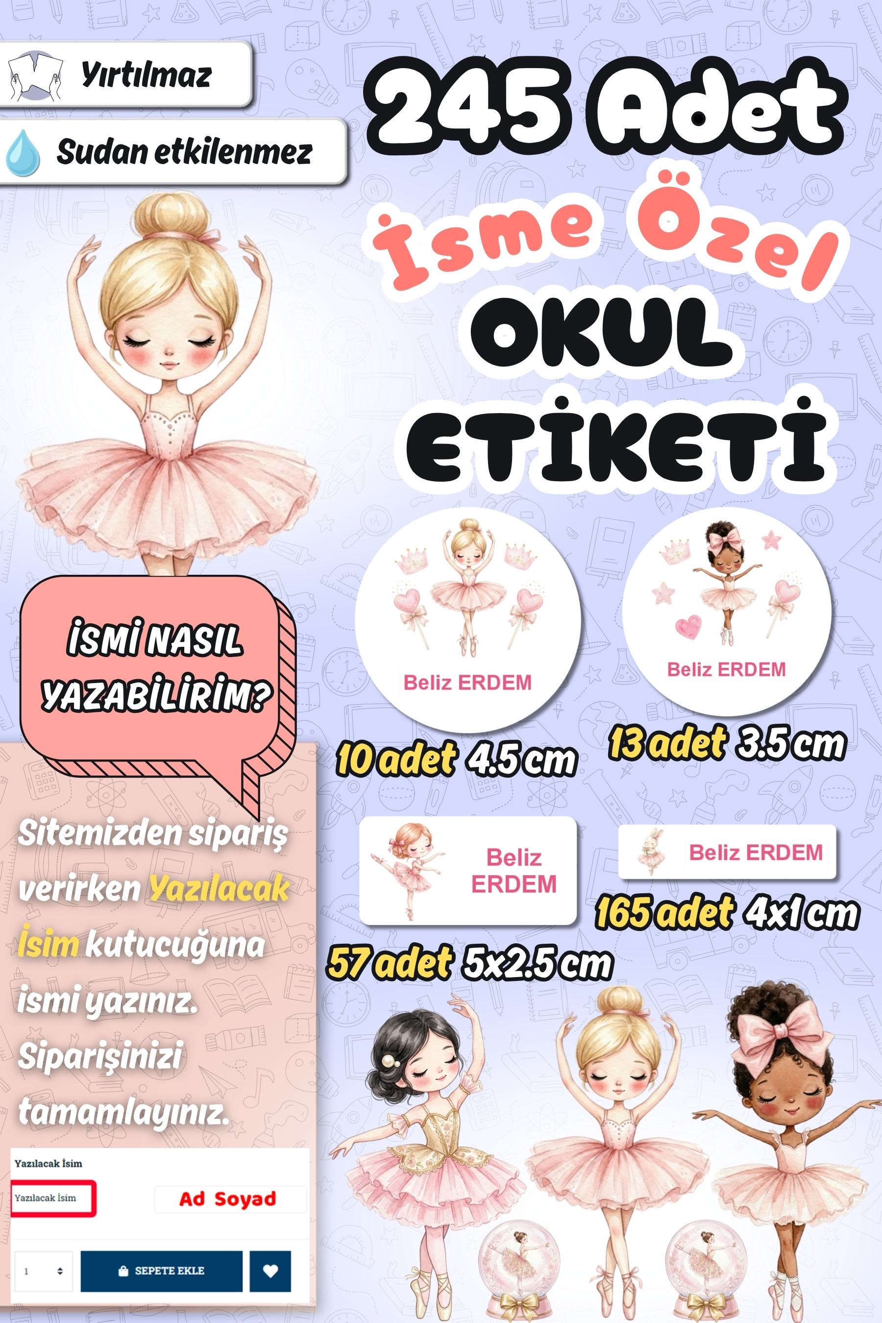 Okul Etiketi Balerinler Temalı Kalem Defter Etiketi Özel İsim Yazılabilen Etiket 245 Adet İsim Etiketi