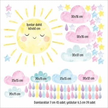 Uykucu Güneş Bulut Damlacık Yıldız Sticker Set