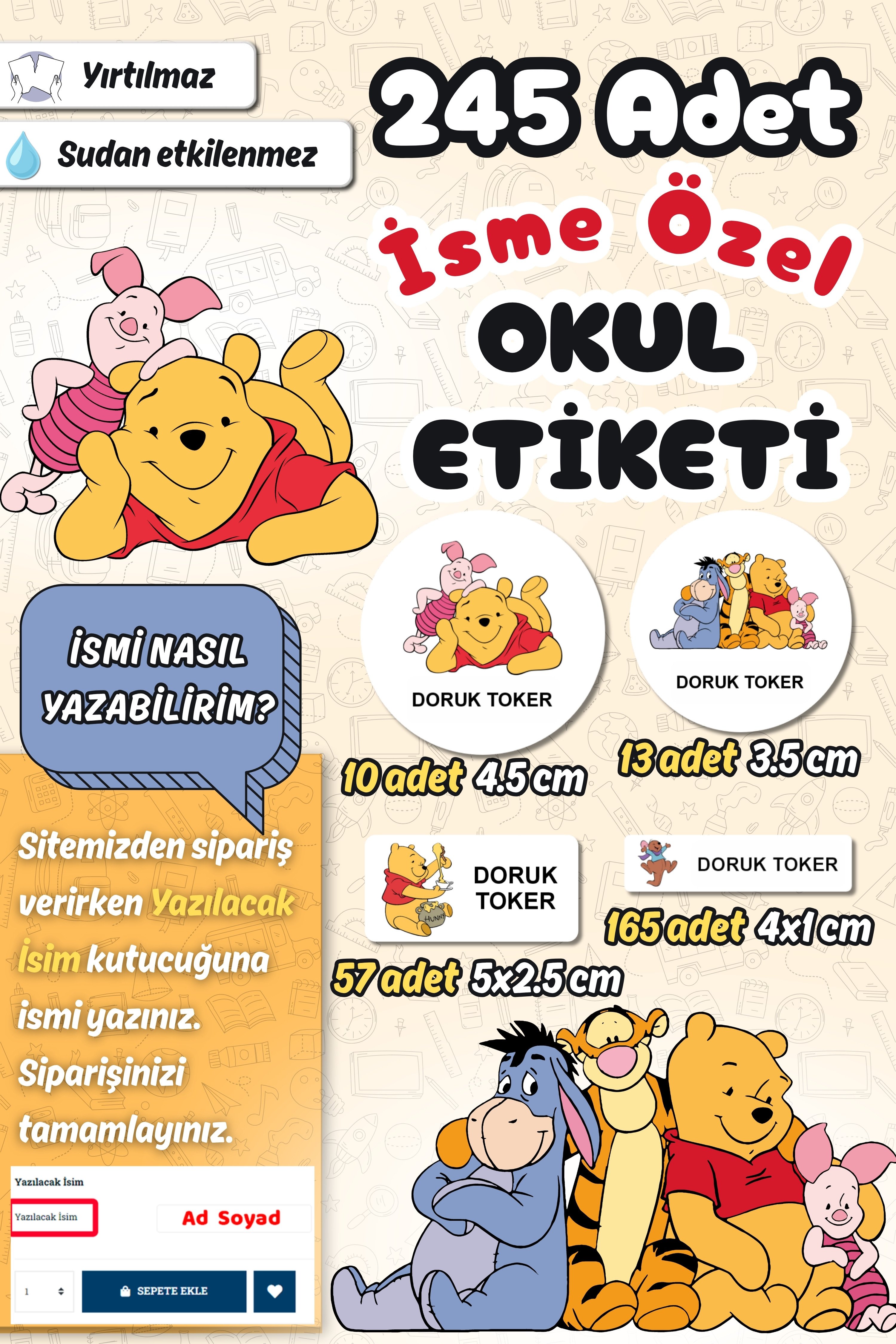 Okul Etiketi Winnie The Pooh Kalem Defter Etiketi Özel İsim Yazılabilen Etiket 245 Adet İsim Etiketi
