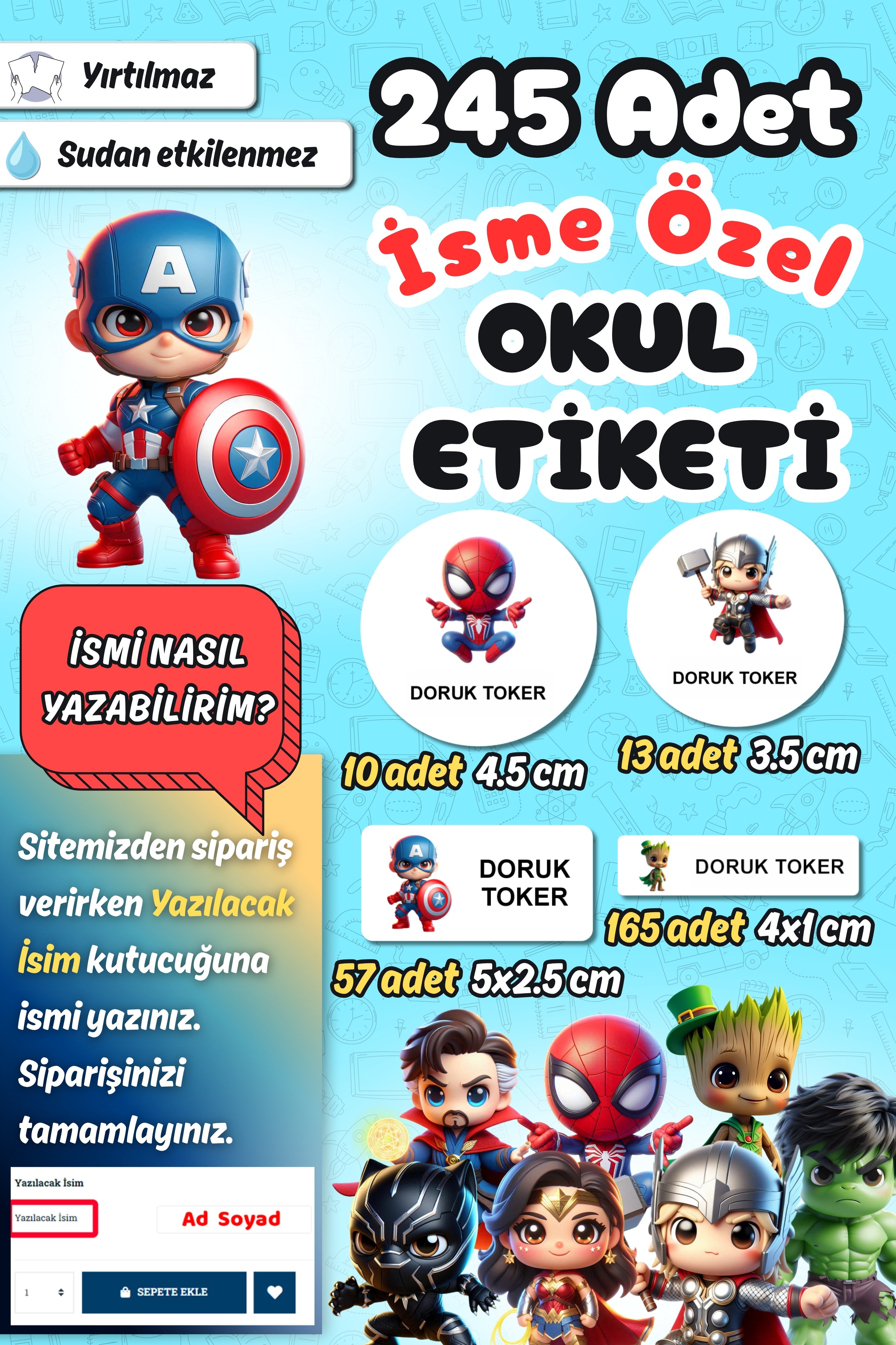 Okul Etiketi Avengers Yenilmezler Temalı Kalem Defter Etiketi Özel İsim Yazılabilen Etiket 245 Adet İsim Etiketi