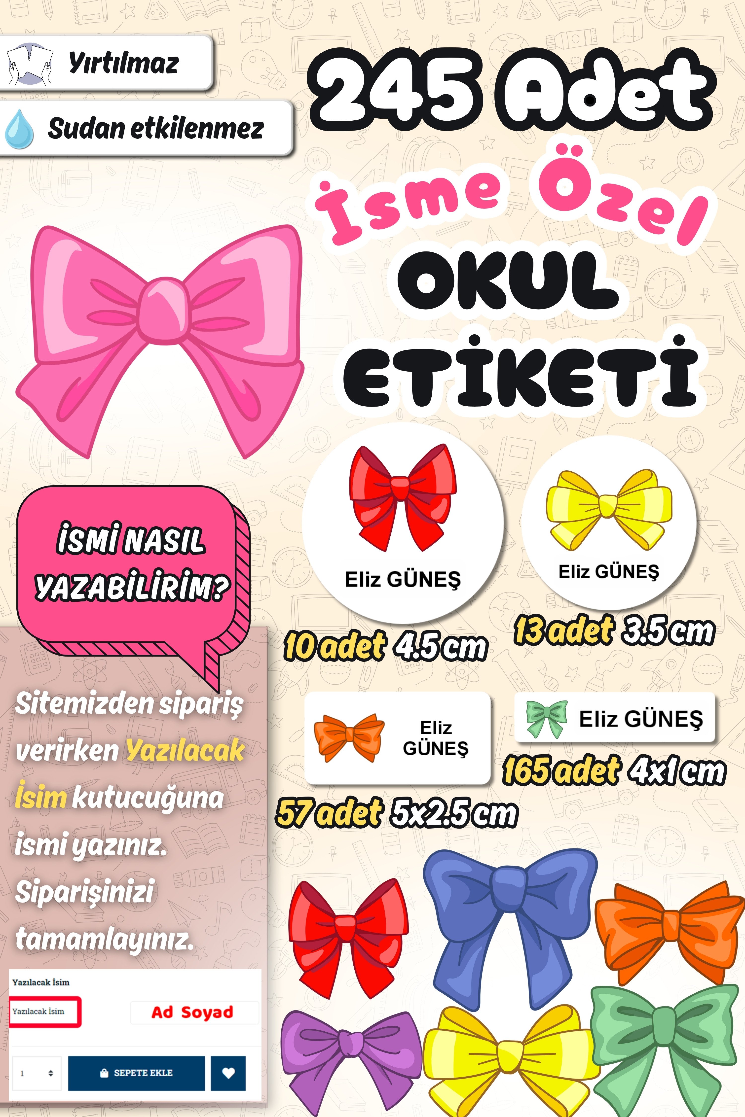 Okul Etiketi Renkli Kurdele Fiyonk Kalem Defter Etiketi Özel İsim Yazılabilen Etiket 245 Adet İsim Etiketi
