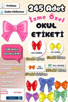 Okul Etiketi Renkli Kurdele Fiyonk Kalem Defter Etiketi Özel İsim Yazılabilen Etiket 245 Adet İsim Etiketi