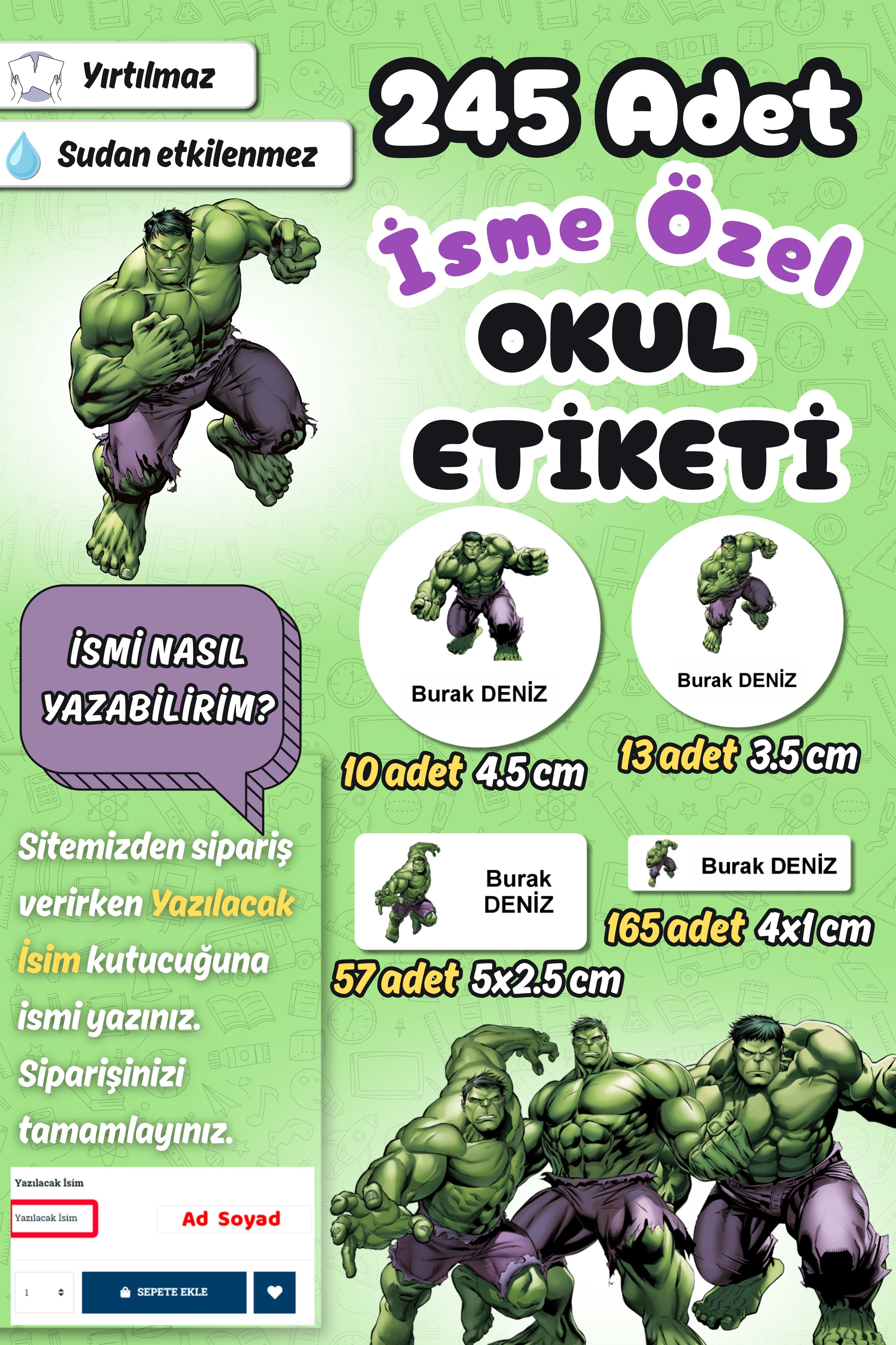 Okul Etiketi Hulk Temalı Kalem Defter Etiketi Özel İsim Yazılabilen Etiket 245 Adet İsim Etiketi