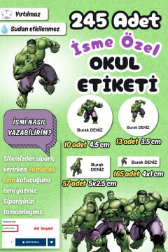 Okul Etiketi Hulk Temalı Kalem Defter Etiketi Özel İsim Yazılabilen Etiket 245 Adet İsim Etiketi
