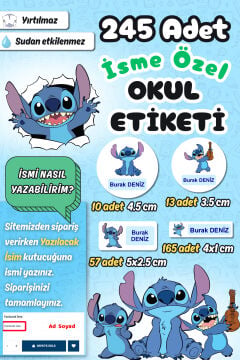 Okul Etiketi Mavi Stitch Kalem Defter Etiketi Özel İsim Yazılabilen Etiket 245 Adet İsim Etiketi