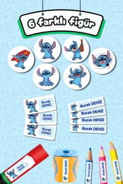 Okul Etiketi Mavi Stitch Kalem Defter Etiketi Özel İsim Yazılabilen Etiket 245 Adet İsim Etiketi
