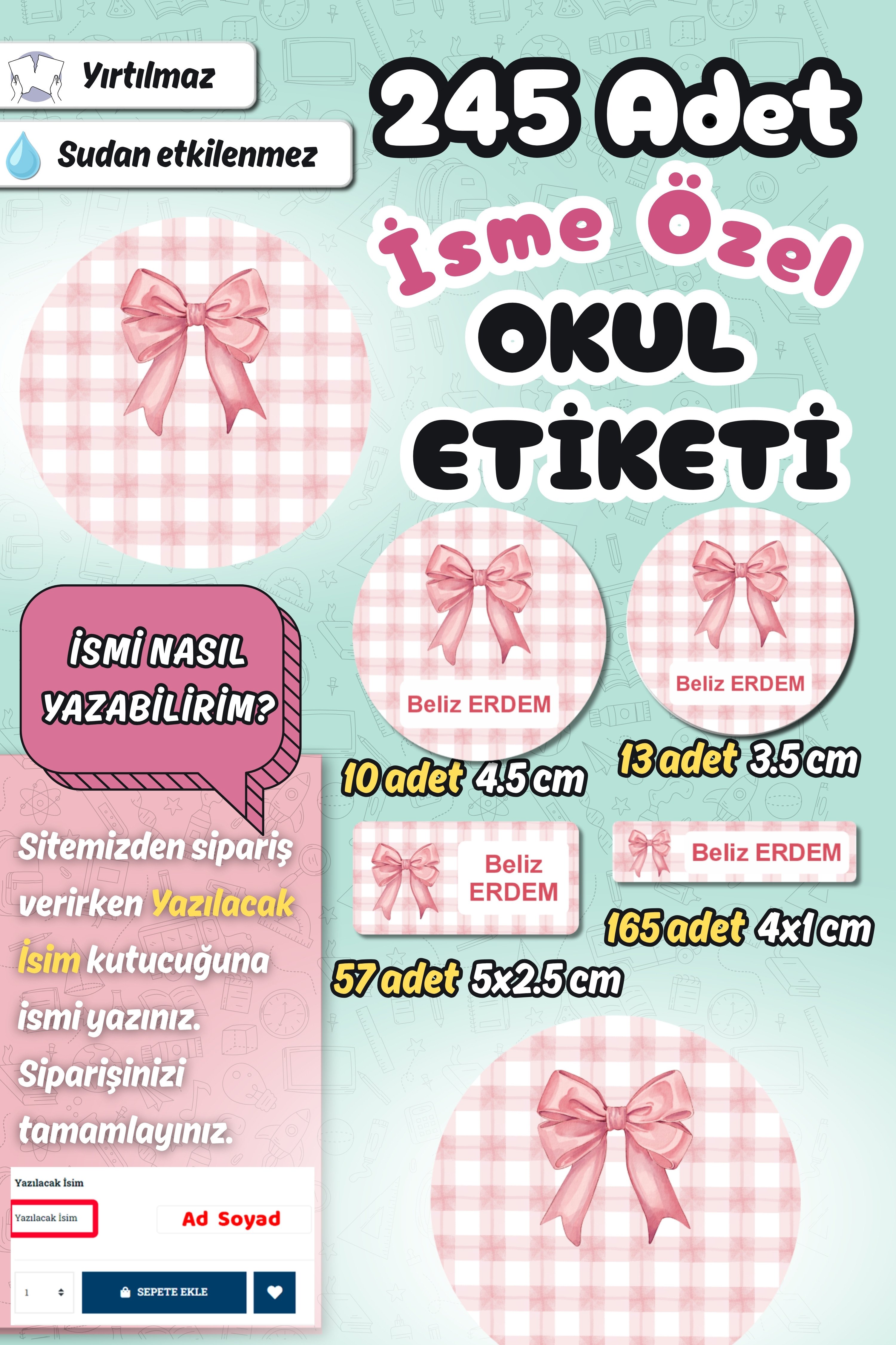 Okul Etiketi Kurdeleli Ekose Kalem Defter Etiketi Özel İsim Yazılabilen Etiket 245 Adet İsim Etiketi