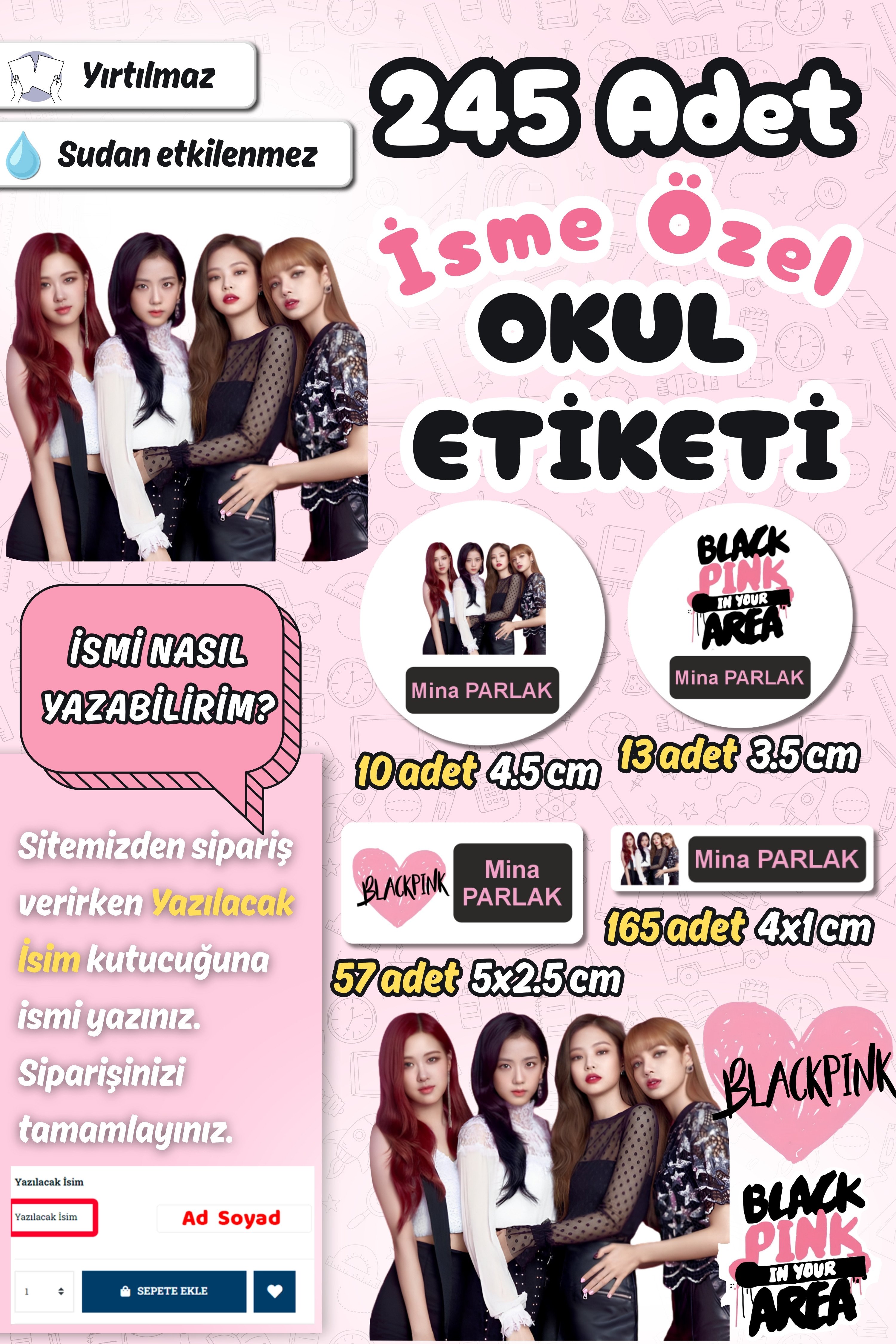 Okul Etiketi Black Pink Kalem Defter Etiketi Özel İsim Yazılabilen Etiket 245 Adet İsim Etiketi