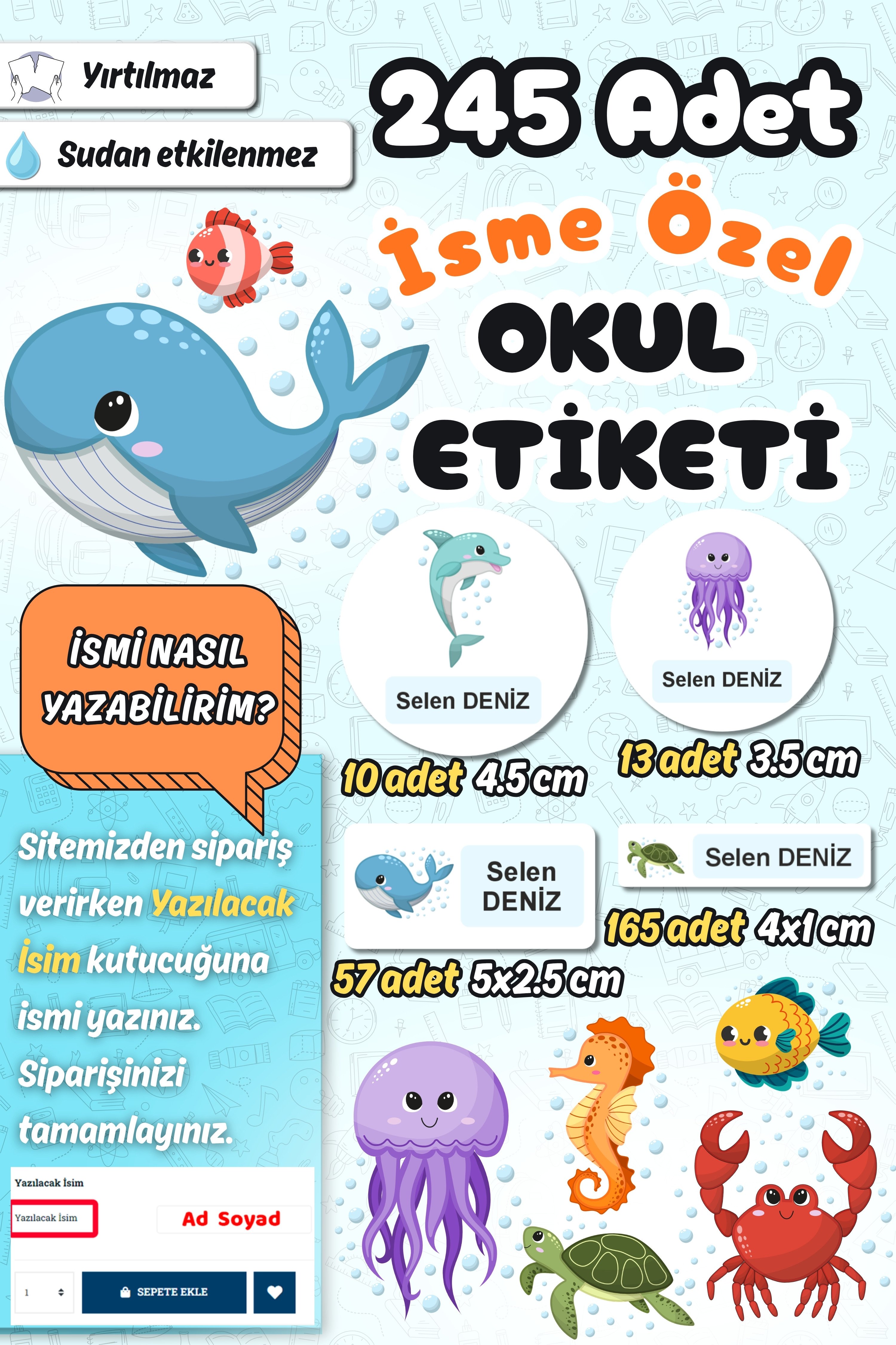 Okul Etiketi Deniz Canlıları Kalem Defter Etiketi Özel İsim Yazılabilen Etiket 245 Adet İsim Etiketi