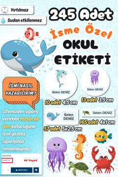 Okul Etiketi Deniz Canlıları Kalem Defter Etiketi Özel İsim Yazılabilen Etiket 245 Adet İsim Etiketi