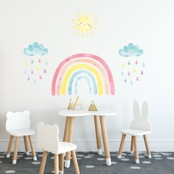 Renkli Gökkuşağı Güneş ve Yağmur Bulutları Sticker Set