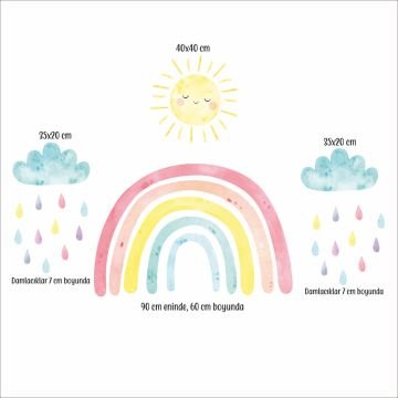Renkli Gökkuşağı Güneş ve Yağmur Bulutları Sticker Set