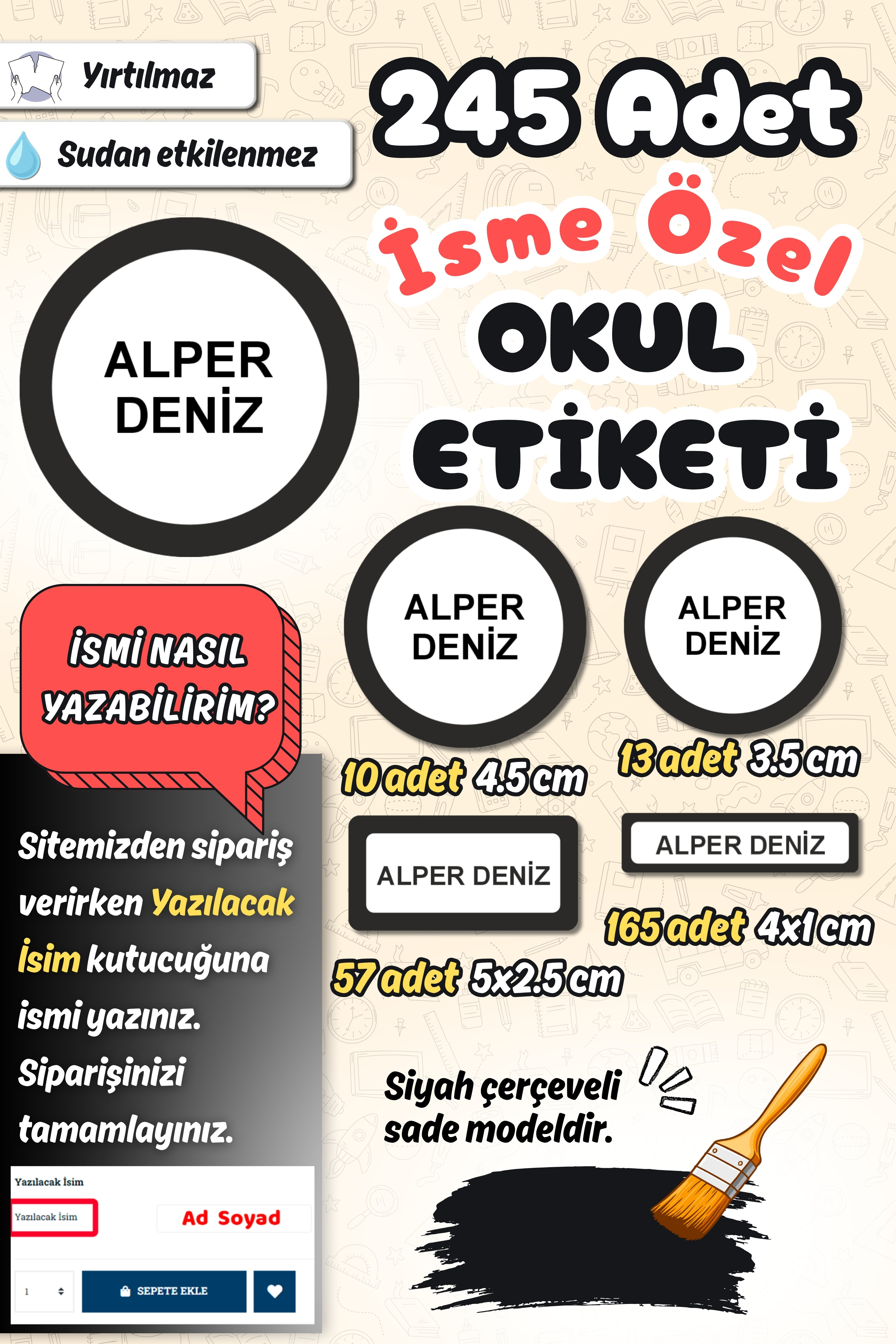 Okul Etiketi Siyah Çerçeveli Sade Kalem Defter Etiketi Özel İsim Yazılabilen Etiket 245 Adet İsim Etiketi