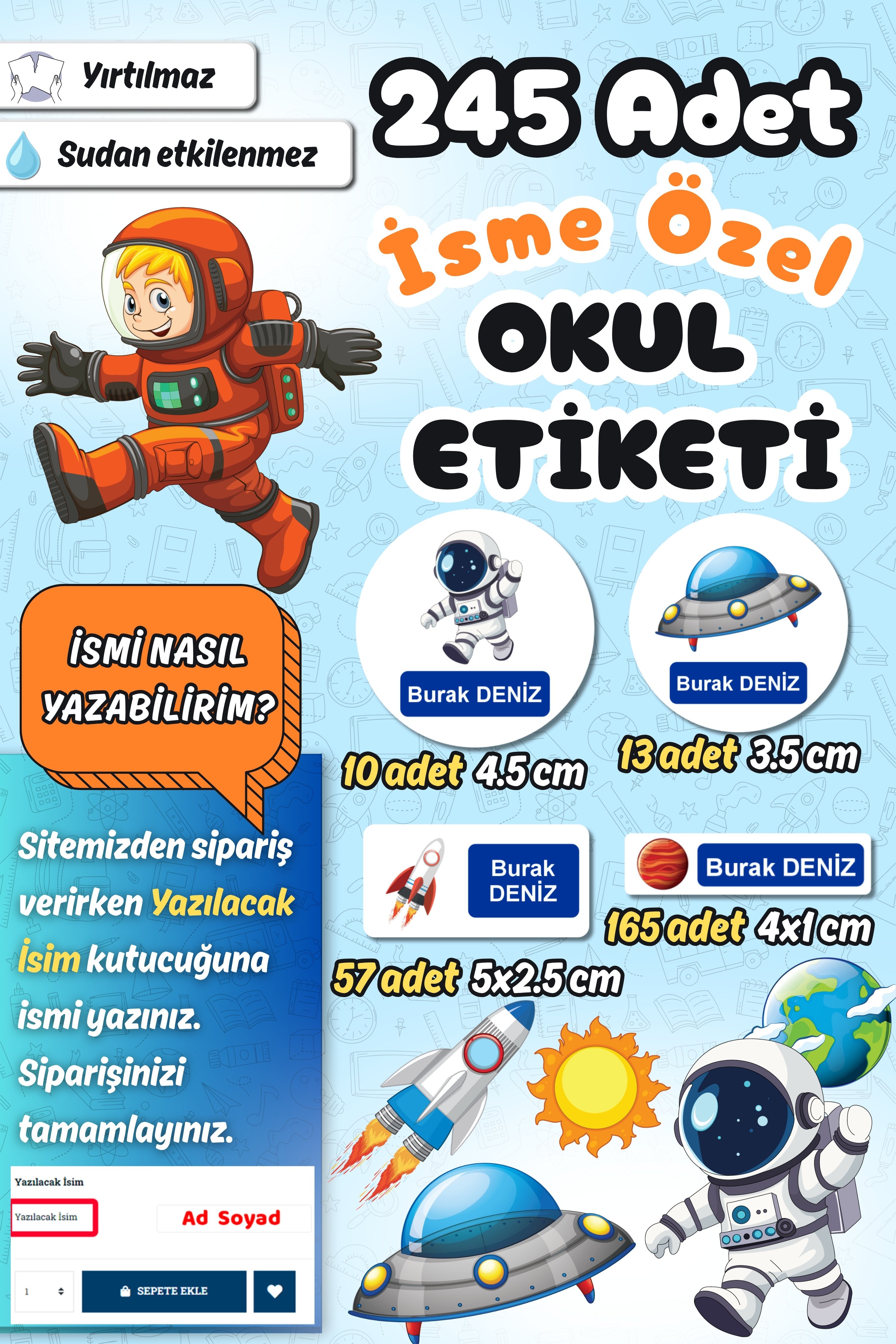 Okul Etiketi Uzay Temalı Kalem Defter Etiketi Özel İsim Yazılabilen Etiket 245 Adet İsim Etiketi