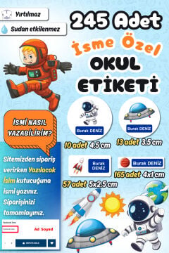 Okul Etiketi Uzay Temalı Kalem Defter Etiketi Özel İsim Yazılabilen Etiket 245 Adet İsim Etiketi