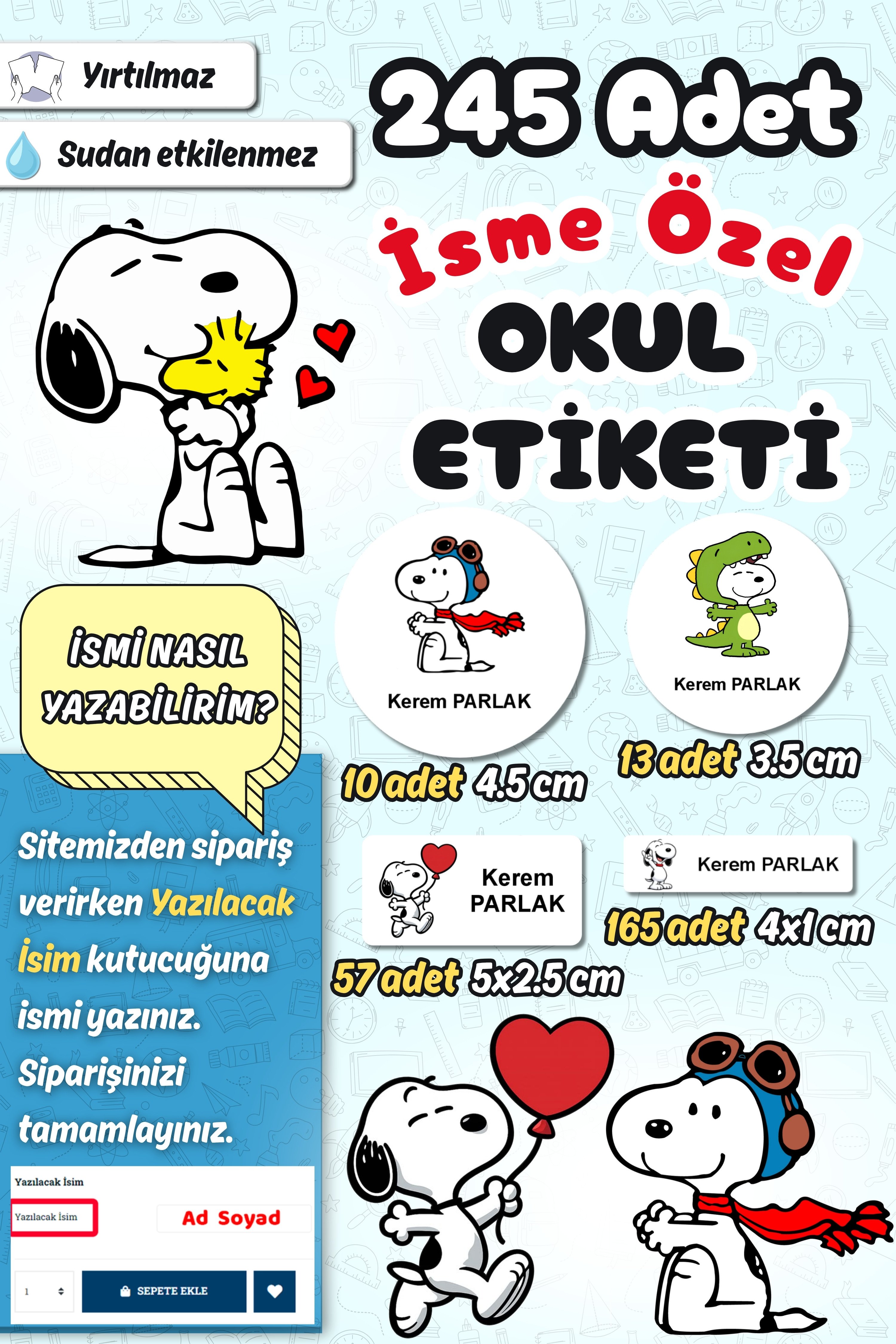 Okul Etiketi Snoopy Kalem Defter Etiketi Özel İsim Yazılabilen Etiket 245 Adet İsim Etiketi
