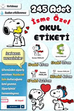 Okul Etiketi Snoopy Kalem Defter Etiketi Özel İsim Yazılabilen Etiket 245 Adet İsim Etiketi