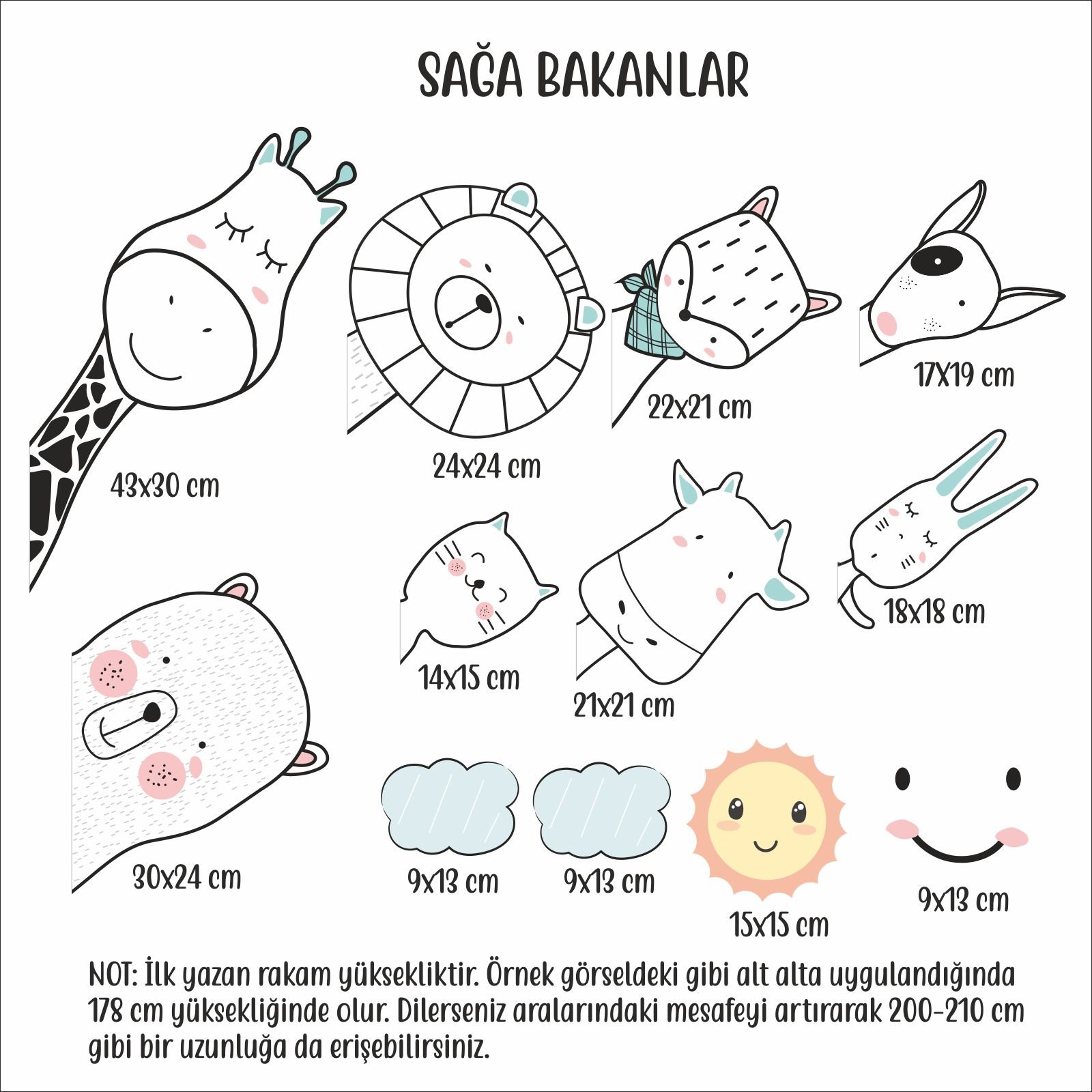 Sevimli Hayvan Arkadaşlar Sticker Set Sağa Baksın