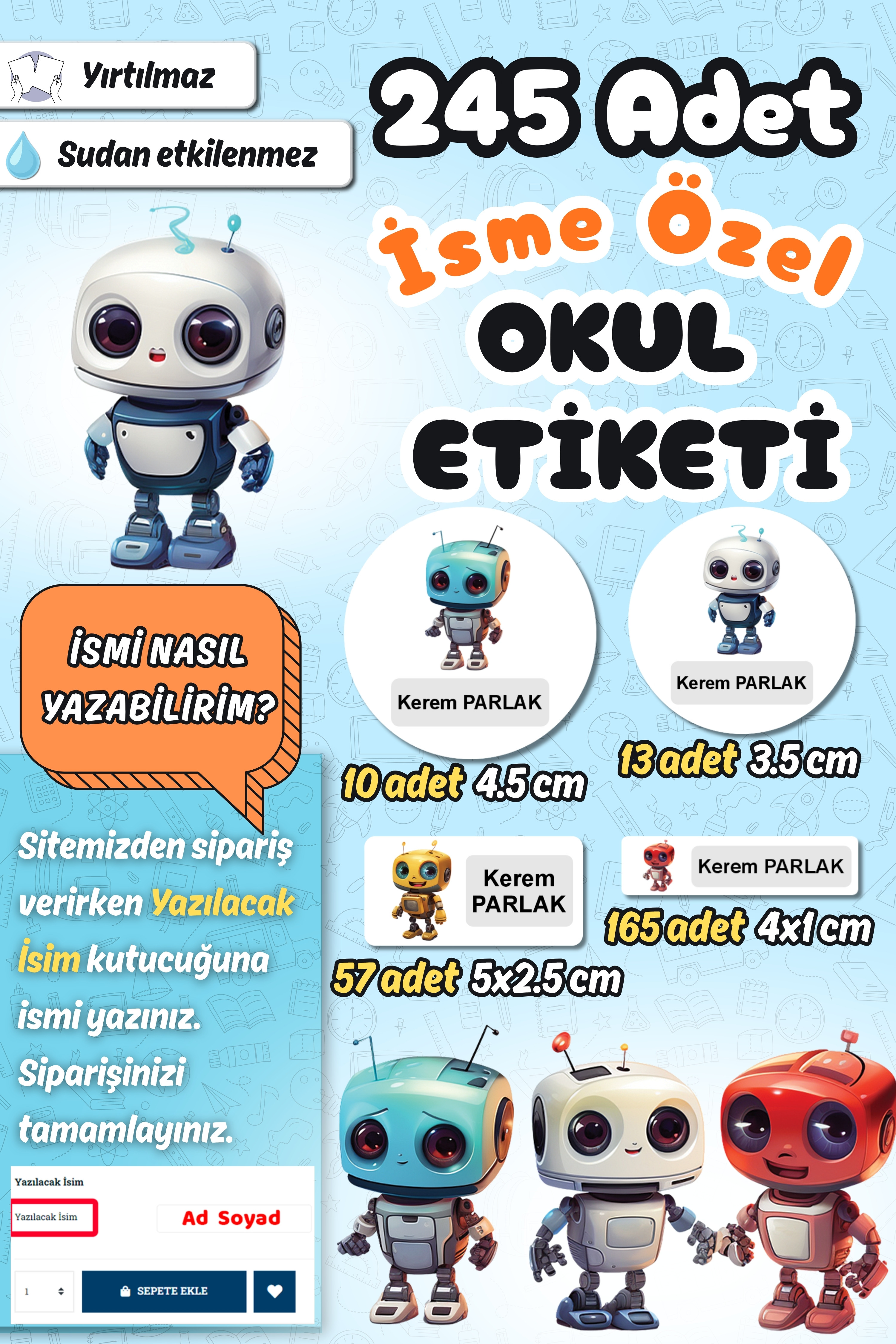 Okul Etiketi Sevimli Robotlar Kalem Defter Etiketi Özel İsim Yazılabilen Etiket 245 Adet İsim Etiketi