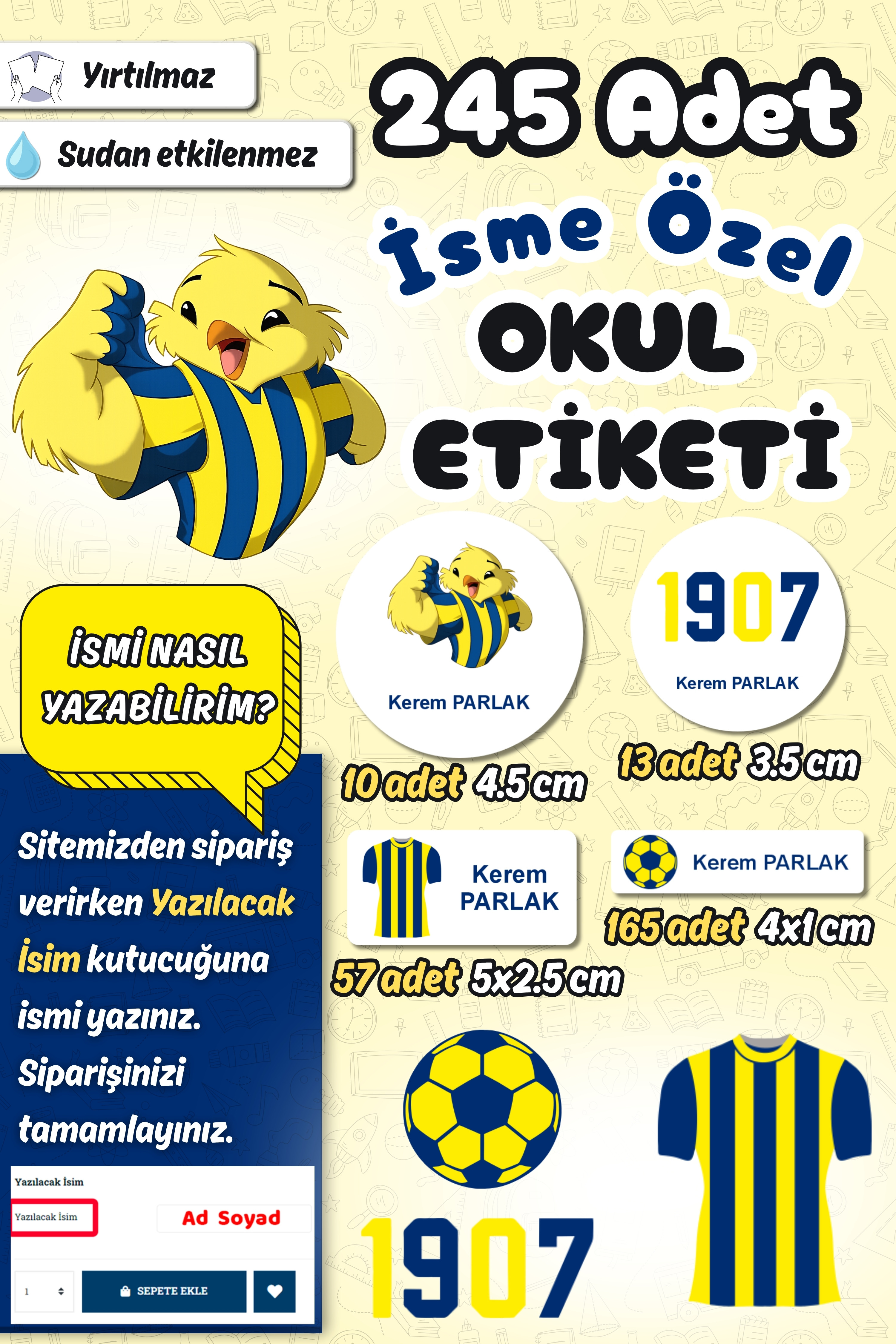 Okul Etiketi Sarı Lacivert Futbol Kalem Defter Etiketi Özel İsim Yazılabilen Etiket 245 Adet İsim Etiketi