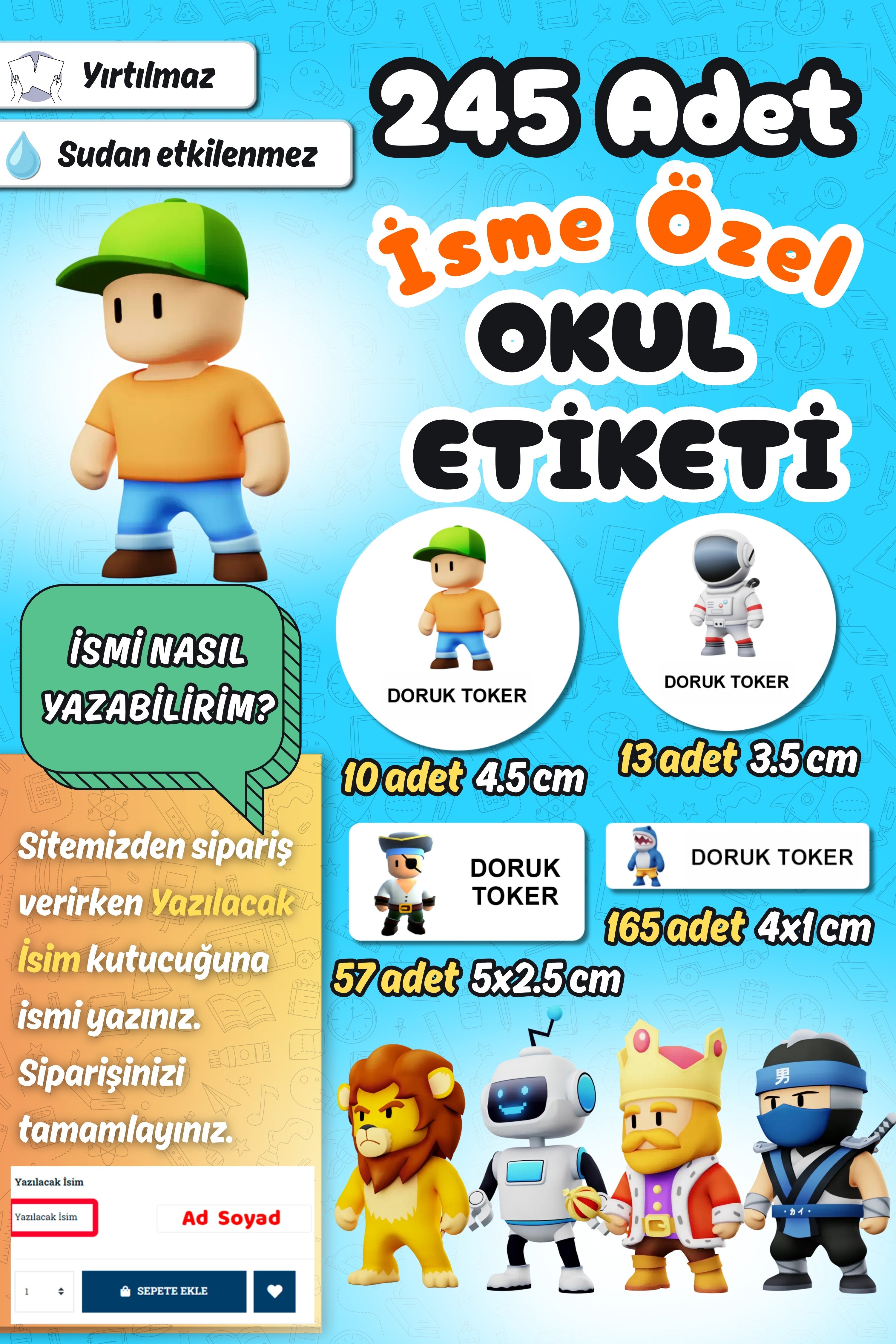 Okul Etiketi Stumble Guys Kalem Defter Etiketi Özel İsim Yazılabilen Etiket 245 Adet İsim Etiketi
