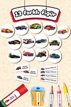 Okul Etiketi Yarış Arabaları Kalem Defter Etiketi Özel İsim Yazılabilen Etiket 245 Adet İsim Etiketi