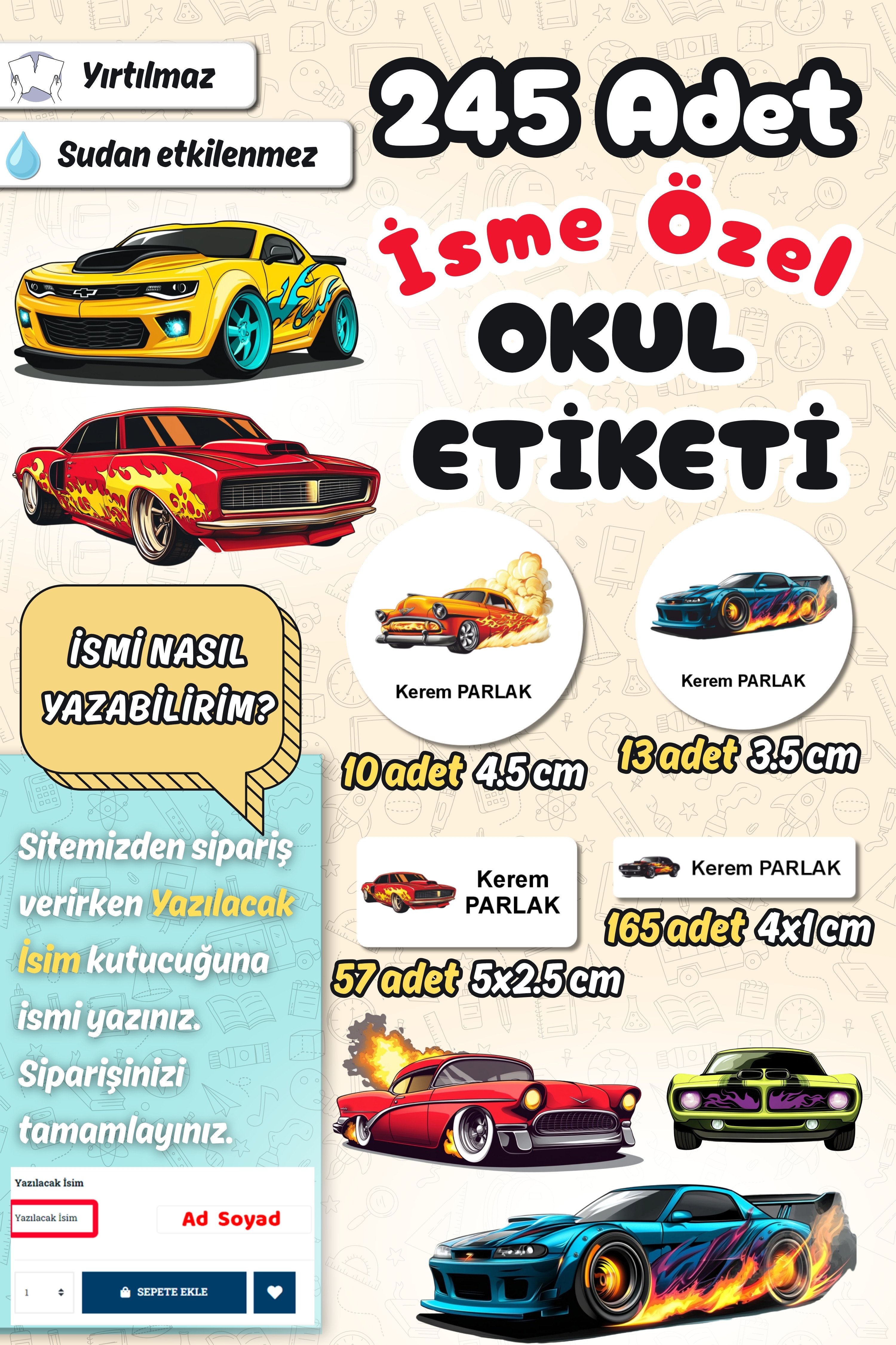 Okul Etiketi Yarış Arabaları Kalem Defter Etiketi Özel İsim Yazılabilen Etiket 245 Adet İsim Etiketi