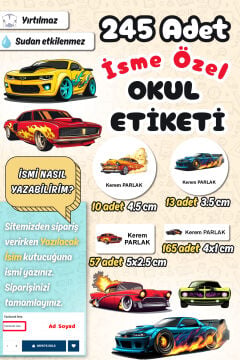 Okul Etiketi Yarış Arabaları Kalem Defter Etiketi Özel İsim Yazılabilen Etiket 245 Adet İsim Etiketi