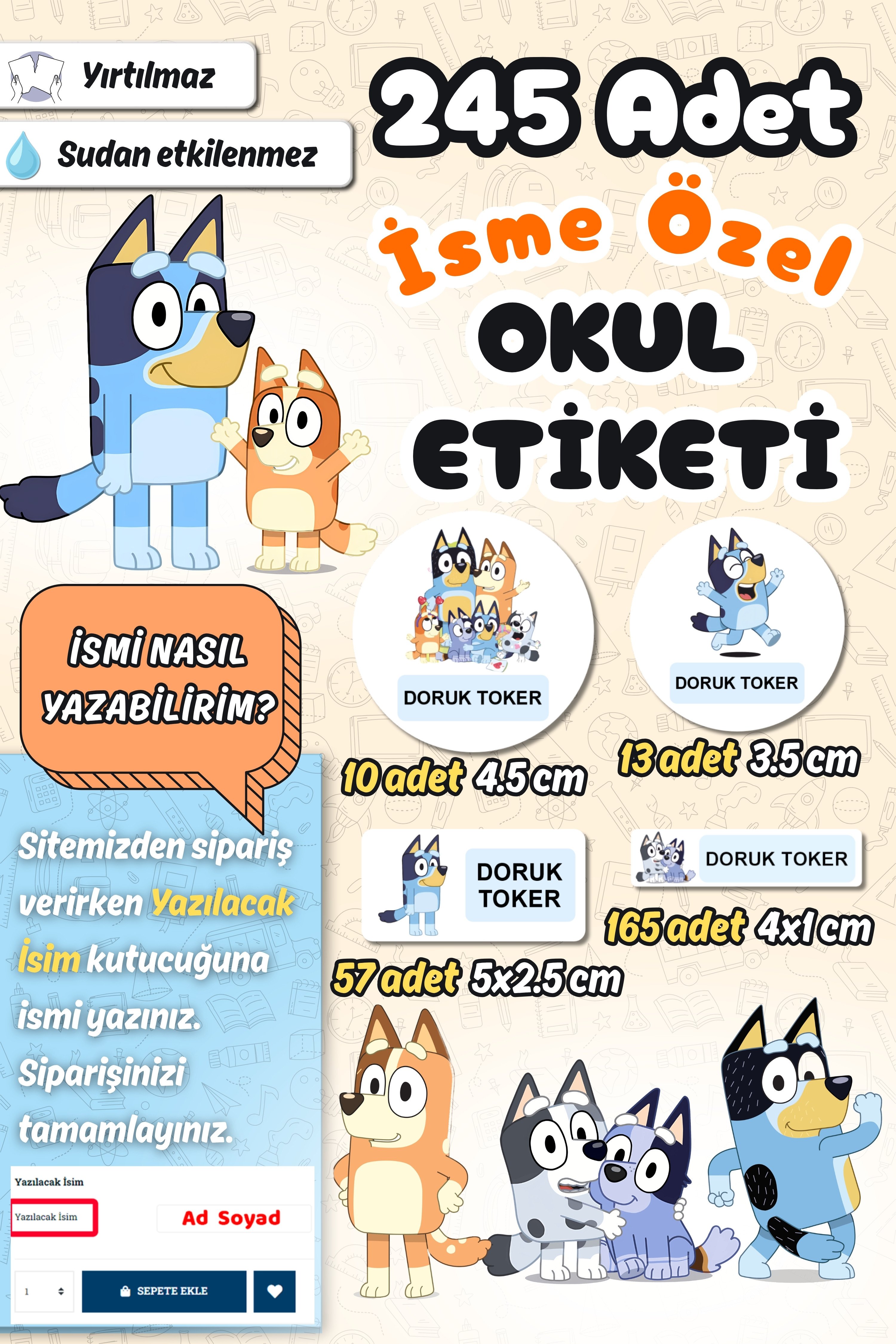 Okul Etiketi Yeni Bluey Kalem Defter Etiketi Özel İsim Yazılabilen Etiket 245 Adet İsim Etiketi