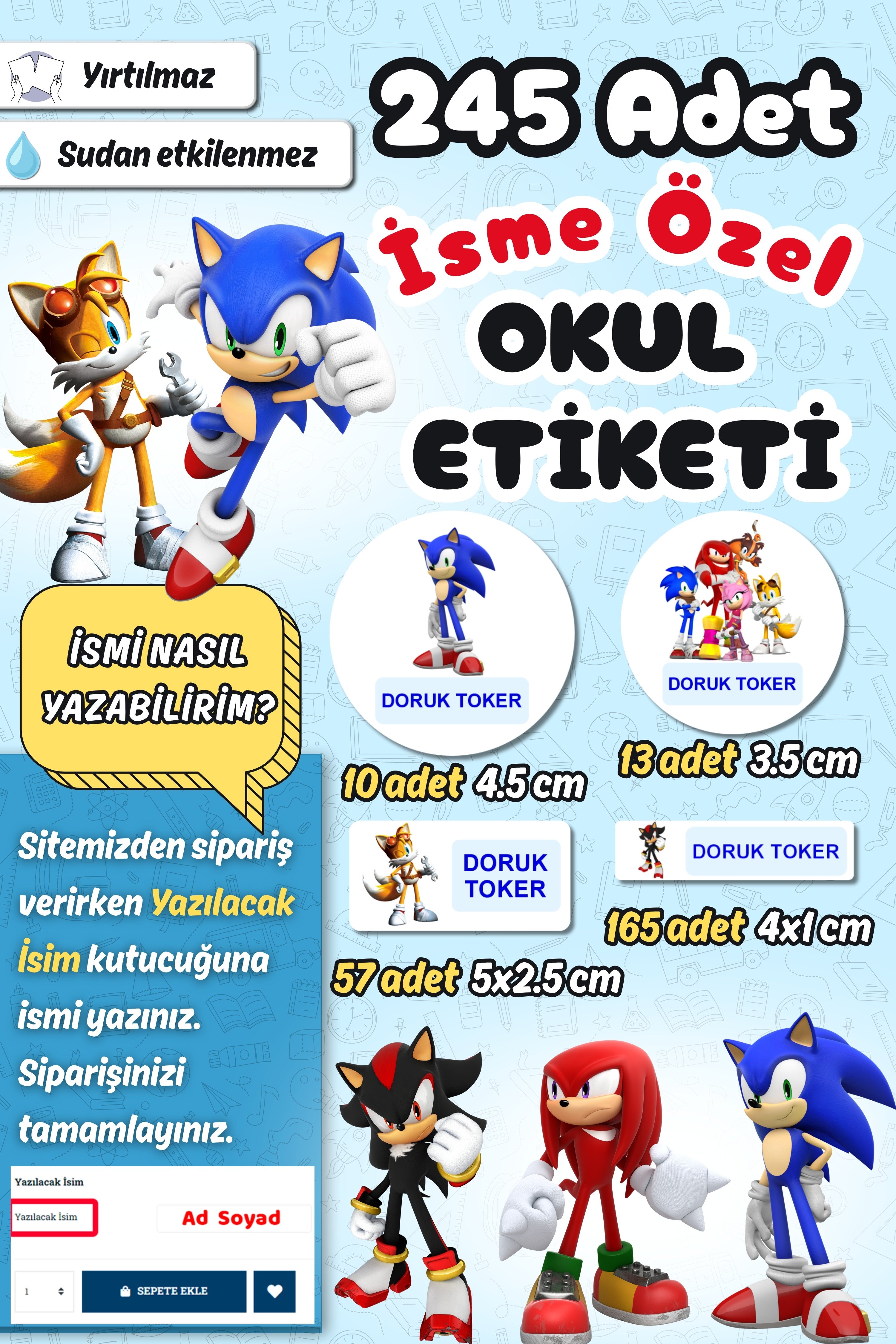 Okul Etiketi Yeni Sonic Kalem Defter Etiketi Özel İsim Yazılabilen Etiket 245 Adet İsim Etiketi