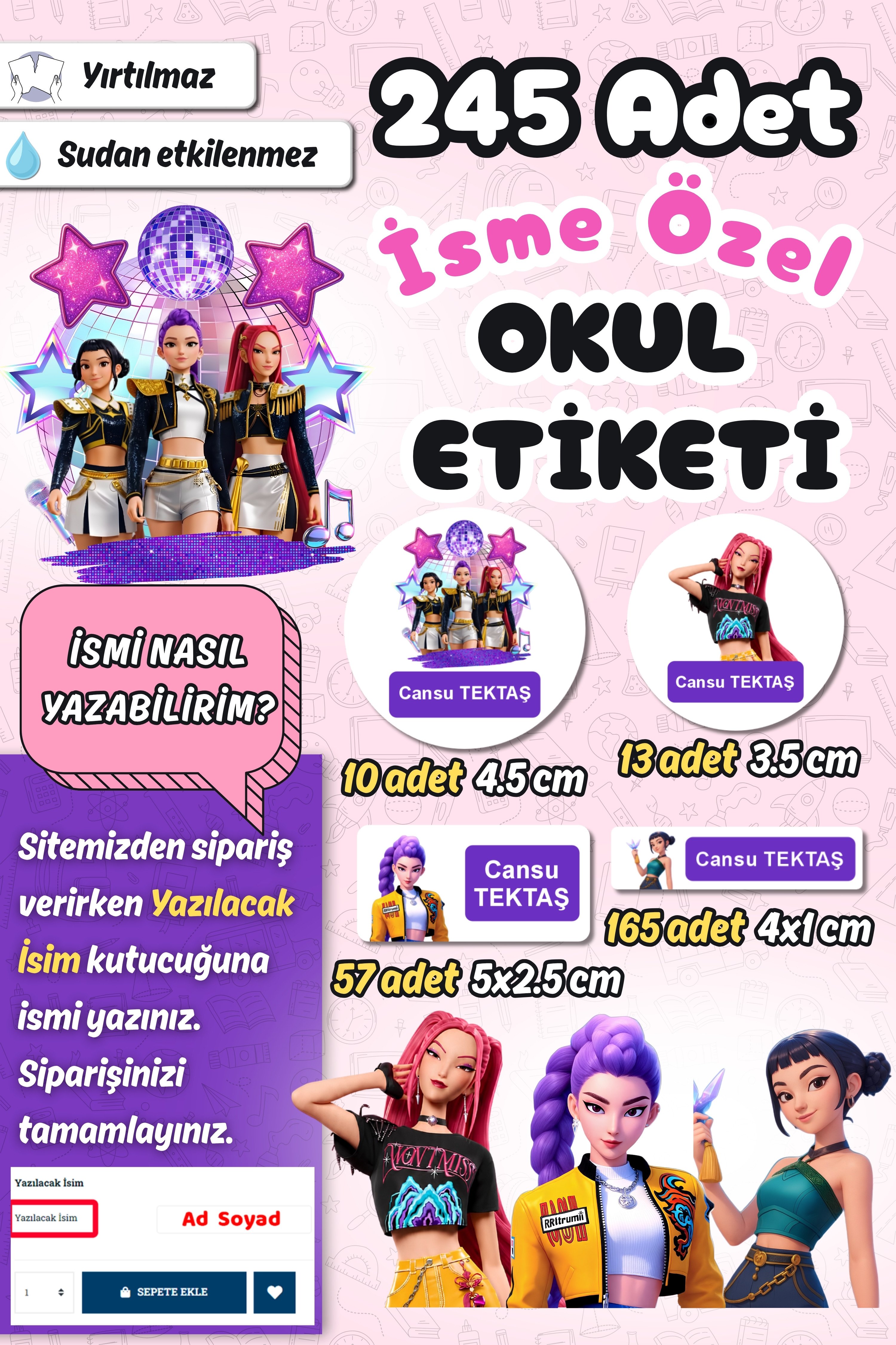 Okul Etiketi KPop Demon Hunters Kalem Defter Etiketi Özel İsim Yazılabilen Etiket 245 Adet İsim Etiketi