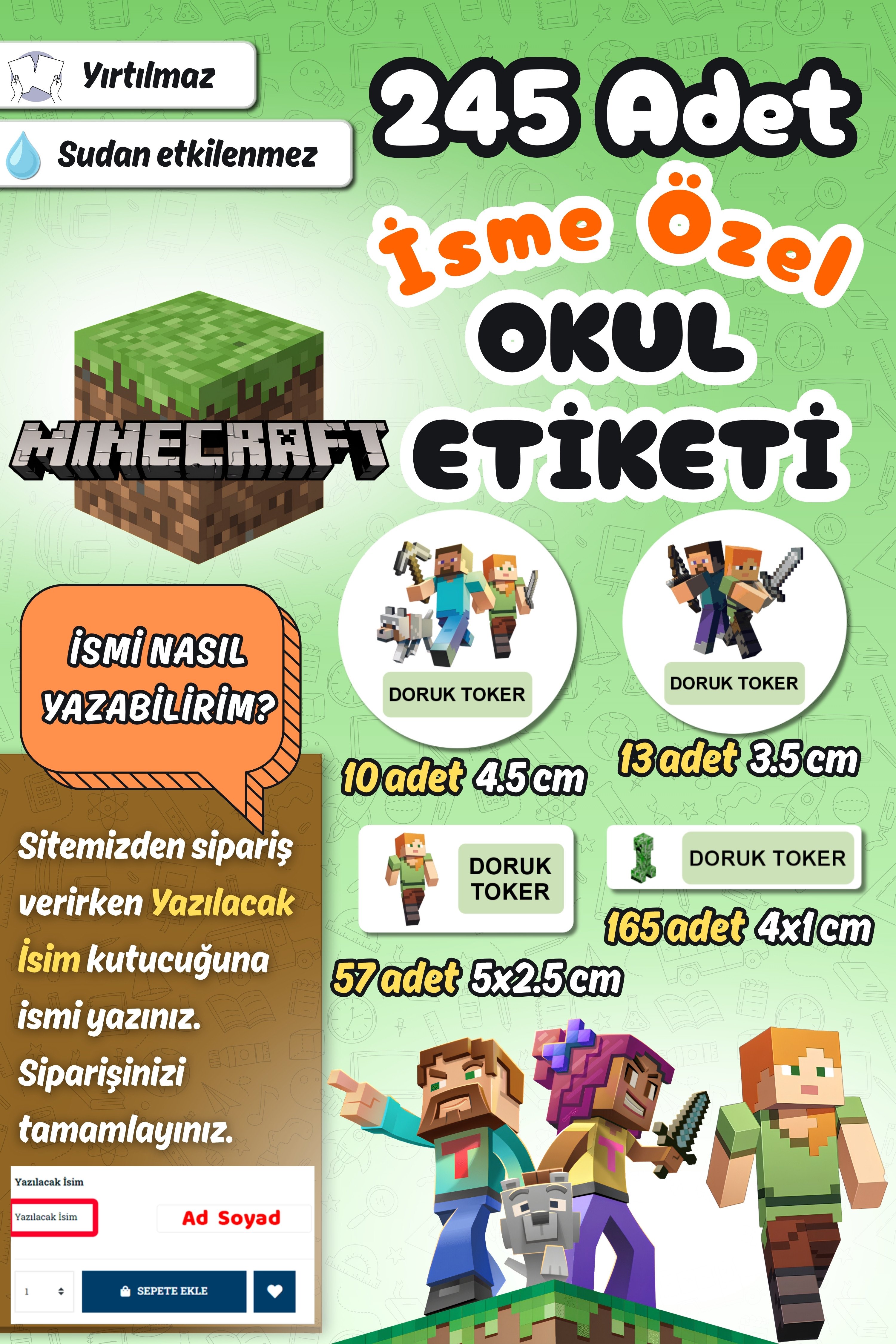 Okul Etiketi Yeni Minecraft Kalem Defter Etiketi Özel İsim Yazılabilen Etiket 245 Adet İsim Etiketi