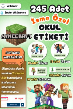 Okul Etiketi Yeni Minecraft Kalem Defter Etiketi Özel İsim Yazılabilen Etiket 245 Adet İsim Etiketi
