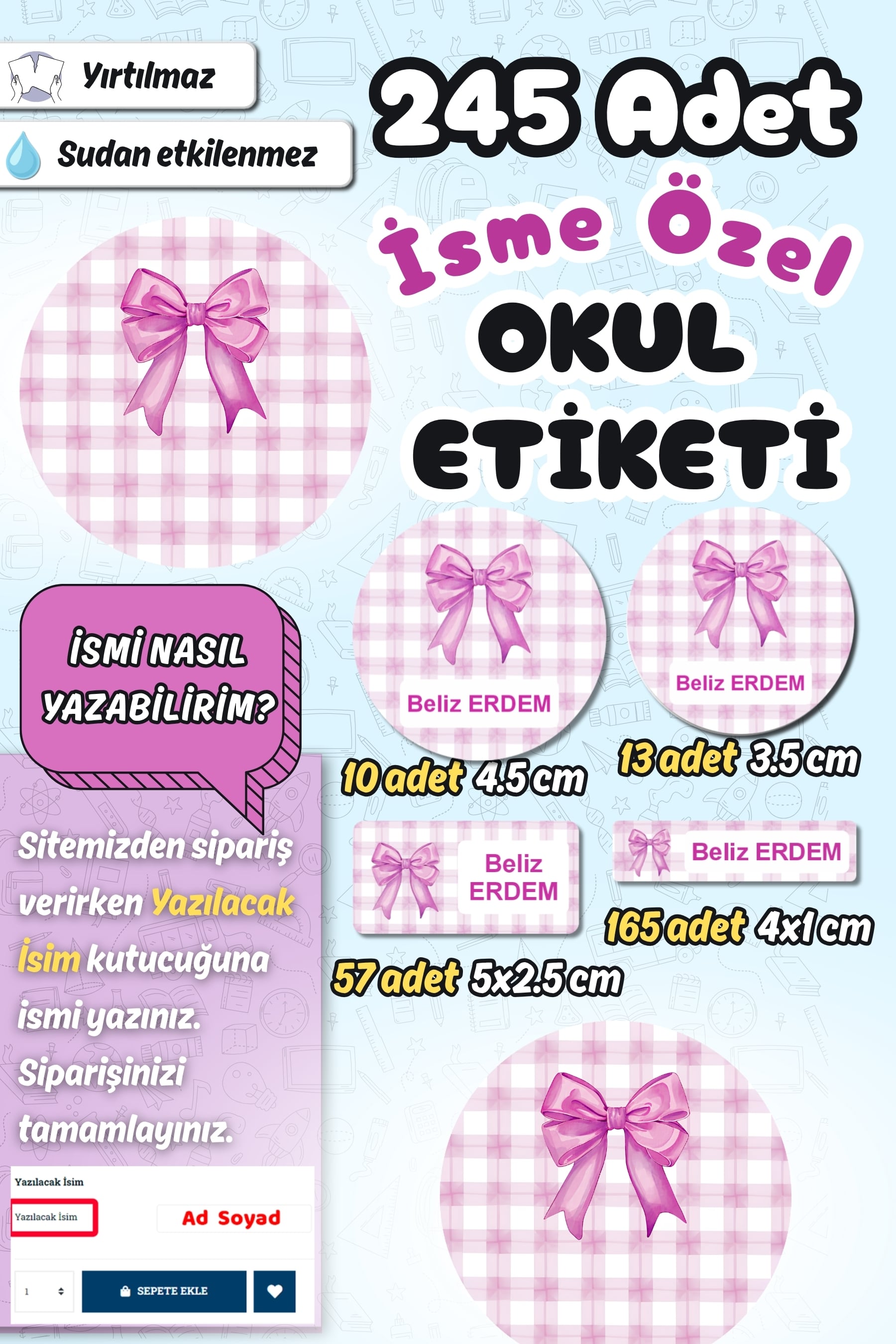 Okul Etiketi Lila Kurdeleli Ekose Kalem Defter Etiketi Özel İsim Yazılabilen Etiket 245 Adet İsim Etiketi