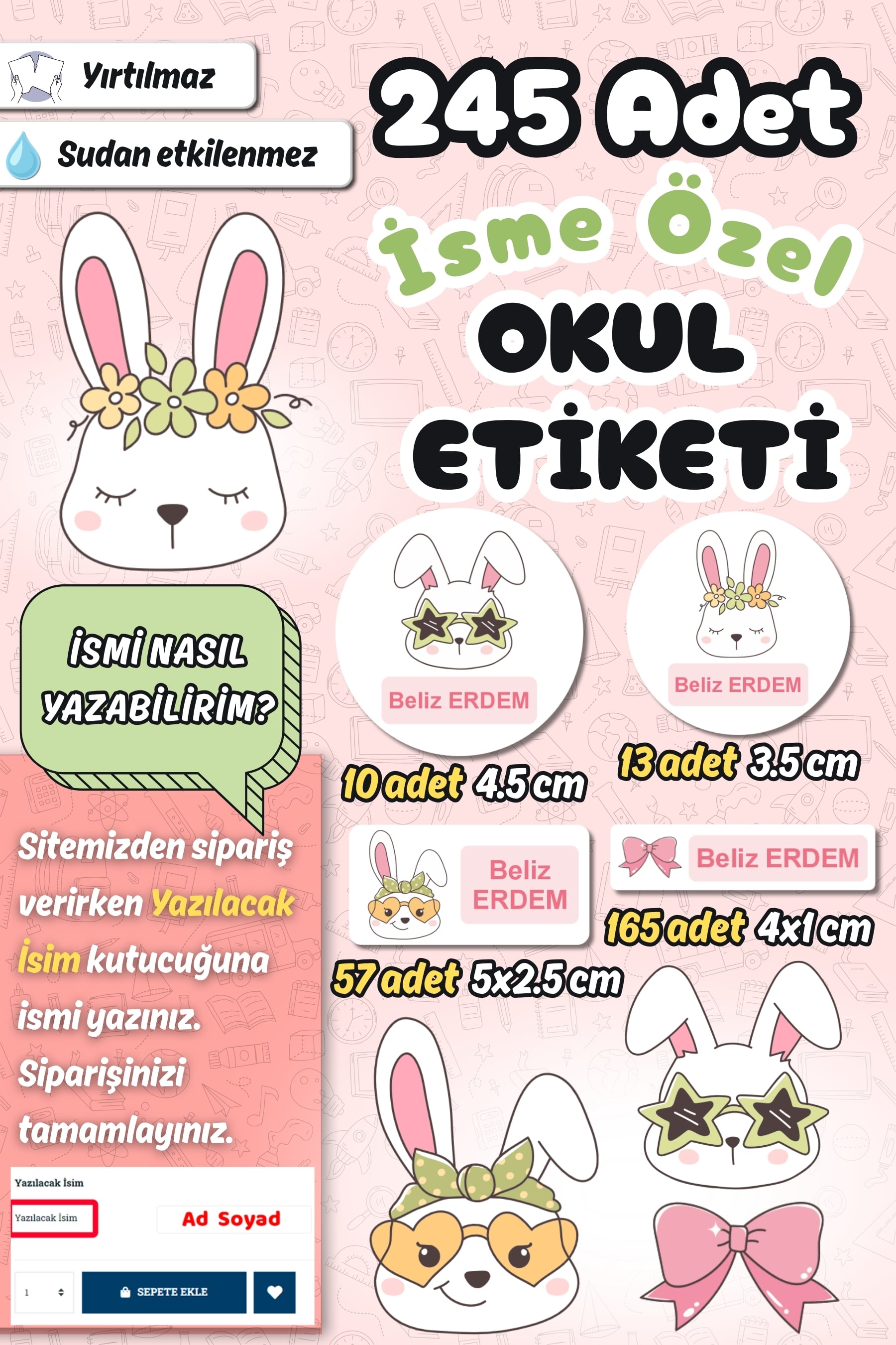 Okul Etiketi Tavşan Temalı Kalem Defter Etiketi Özel İsim Yazılabilen Etiket 245 Adet İsim Etiketi