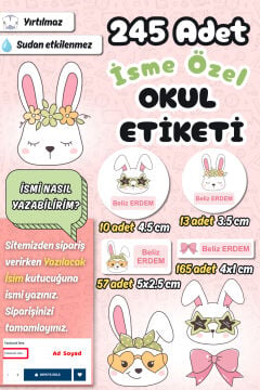 Okul Etiketi Tavşan Temalı Kalem Defter Etiketi Özel İsim Yazılabilen Etiket 245 Adet İsim Etiketi