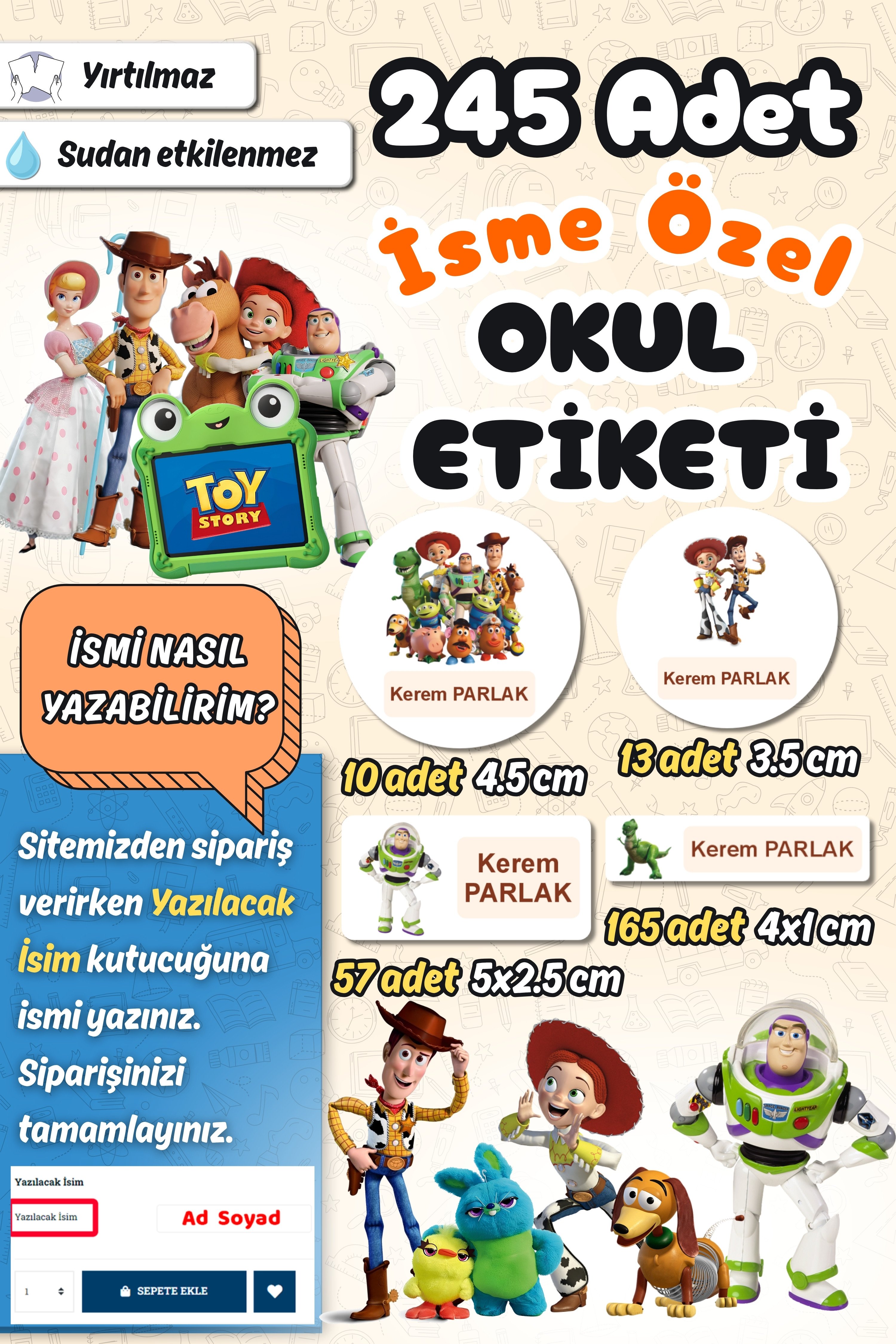 Okul Etiketi Toy Story Kalem Defter Etiketi Özel İsim Yazılabilen Etiket 245 Adet İsim Etiketi