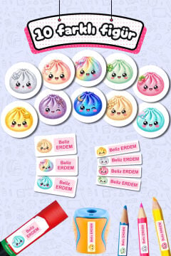 Okul Etiketi Çin Mantısı Glitter Dumpling Temalı Kalem Defter Etiketi Özel İsim Yazılabilen Etiket 245 Adet İsim Etiketi