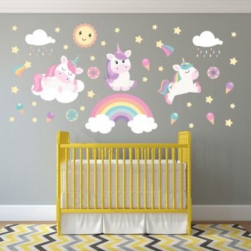 Beyaz Bulutlu Sevimli Unicorn Sticker Set