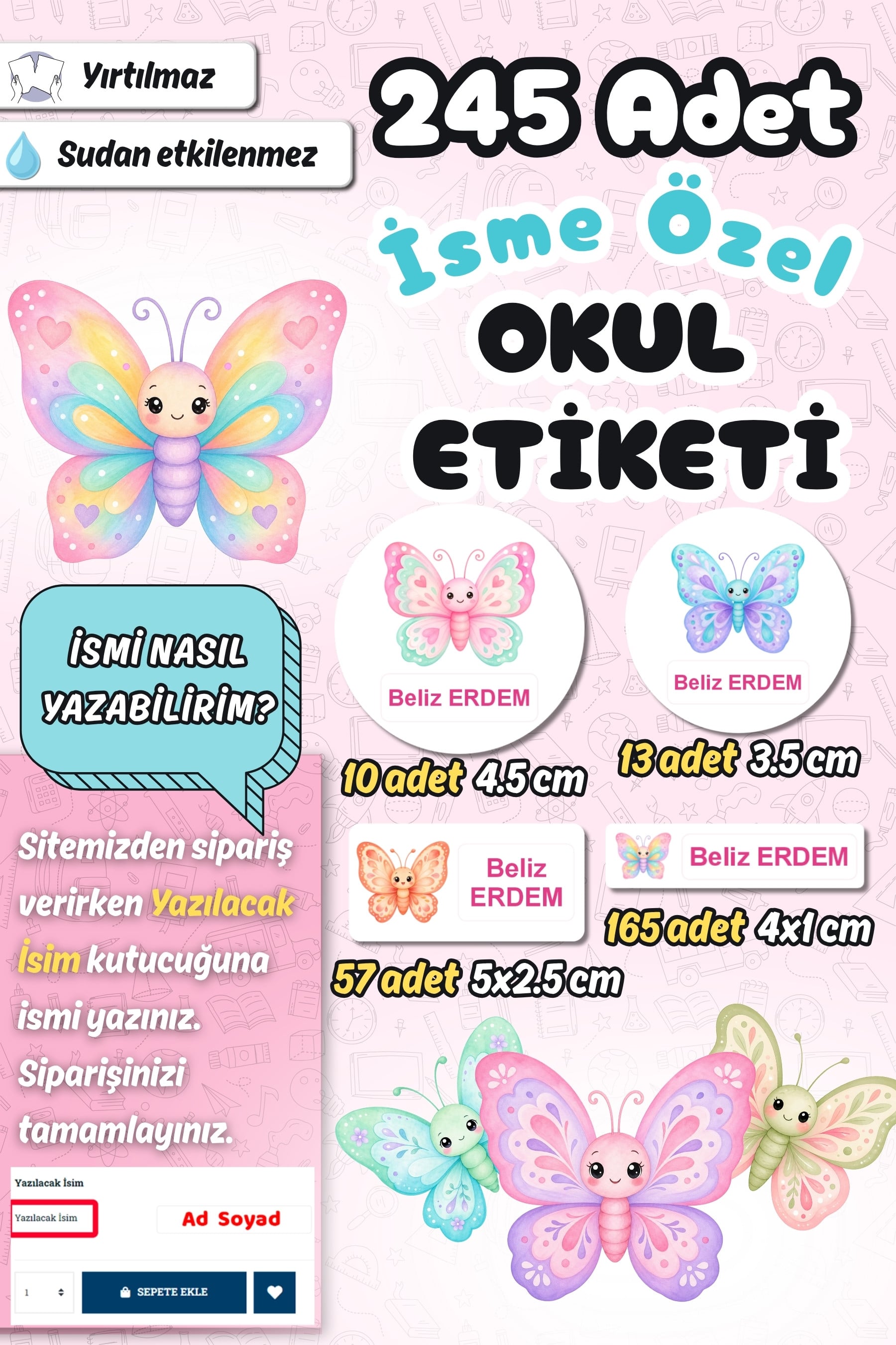 Okul Etiketi Sevimli Kelebekler Kalem Defter Etiketi Özel İsim Yazılabilen Etiket 245 Adet İsim Etiketi