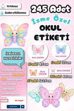 Okul Etiketi Sevimli Kelebekler Kalem Defter Etiketi Özel İsim Yazılabilen Etiket 245 Adet İsim Etiketi