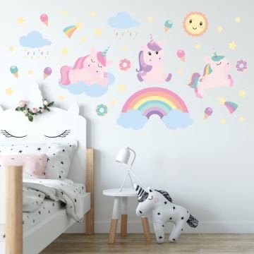 Açık Mavi Bulutlu Soft Pembe Sevimli Unicorn Sticker Set
