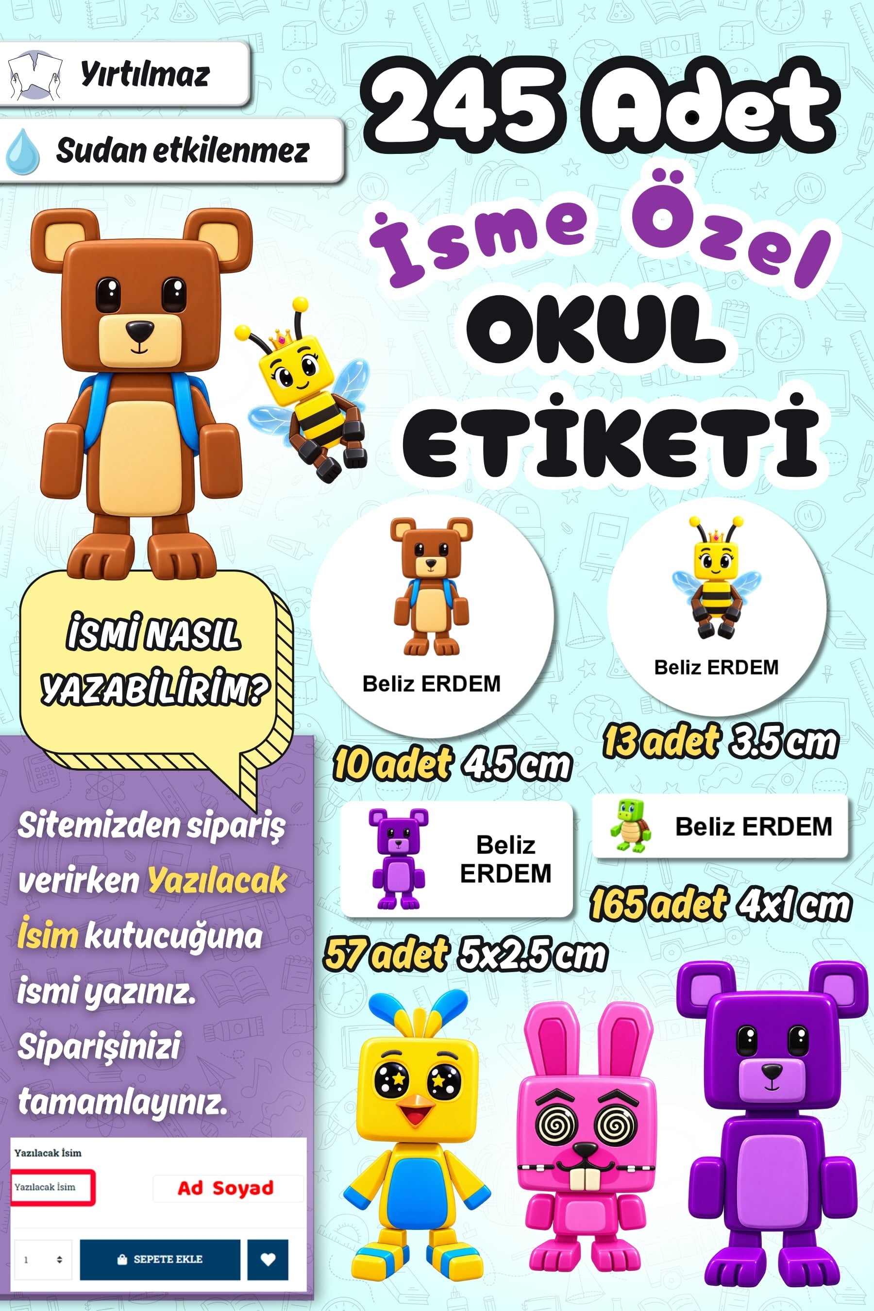 Okul Etiketi Super Bear Adventure Kalem Defter Etiketi Özel İsim Yazılabilen Etiket 245 Adet İsim Etiketi