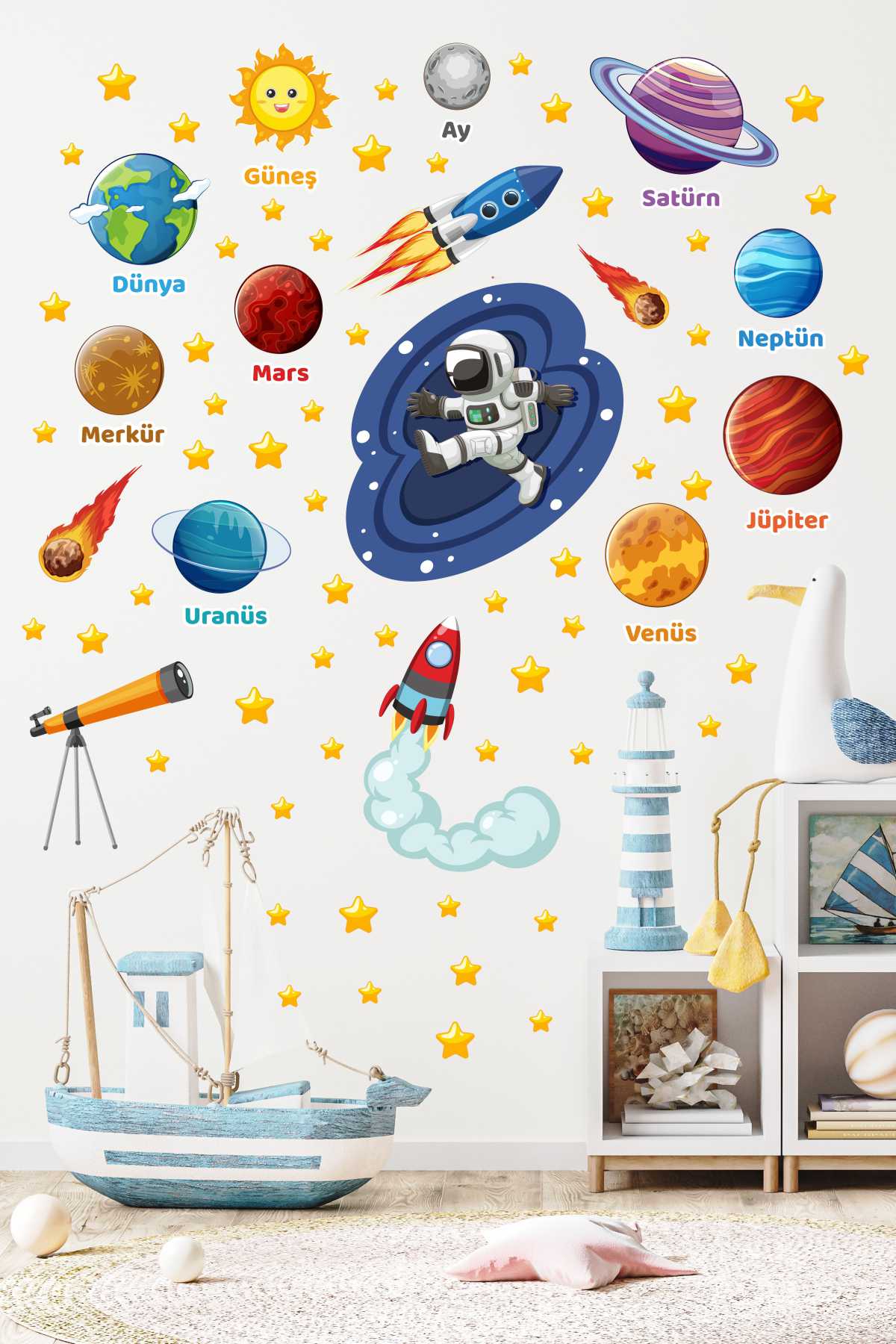 Uzay Ve Gezegenler Güneş Sistemi Çocuk Bebek Odası Okul Duvar Kapı Cam Sticker Seti