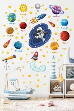 Uzay Ve Gezegenler Güneş Sistemi Çocuk Bebek Odası Okul Duvar Kapı Cam Sticker Seti