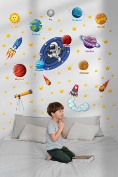 Uzay Ve Gezegenler Güneş Sistemi Çocuk Bebek Odası Okul Duvar Kapı Cam Sticker Seti