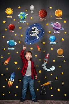 Uzay Ve Gezegenler Güneş Sistemi Çocuk Bebek Odası Okul Duvar Kapı Cam Sticker Seti