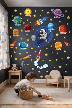 Uzay Ve Gezegenler Güneş Sistemi Çocuk Bebek Odası Okul Duvar Kapı Cam Sticker Seti